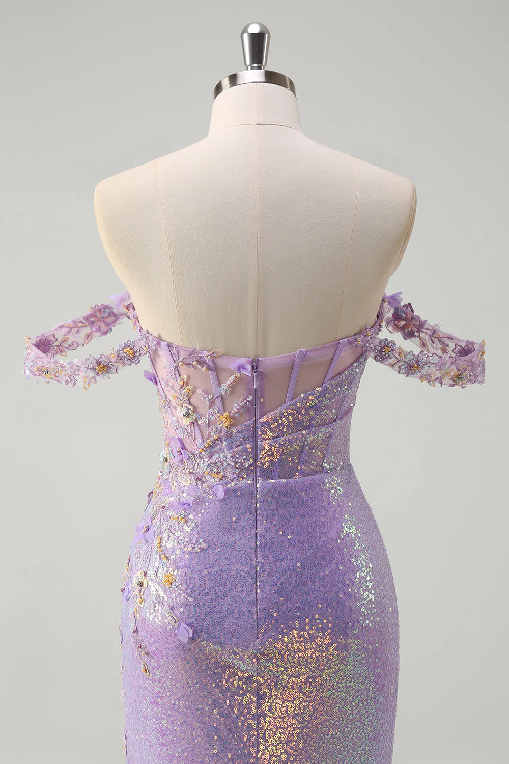 Sparkly Light Purple Mermaid Off The Shoulder Sequin Prom Dress with Slit - VNBITS