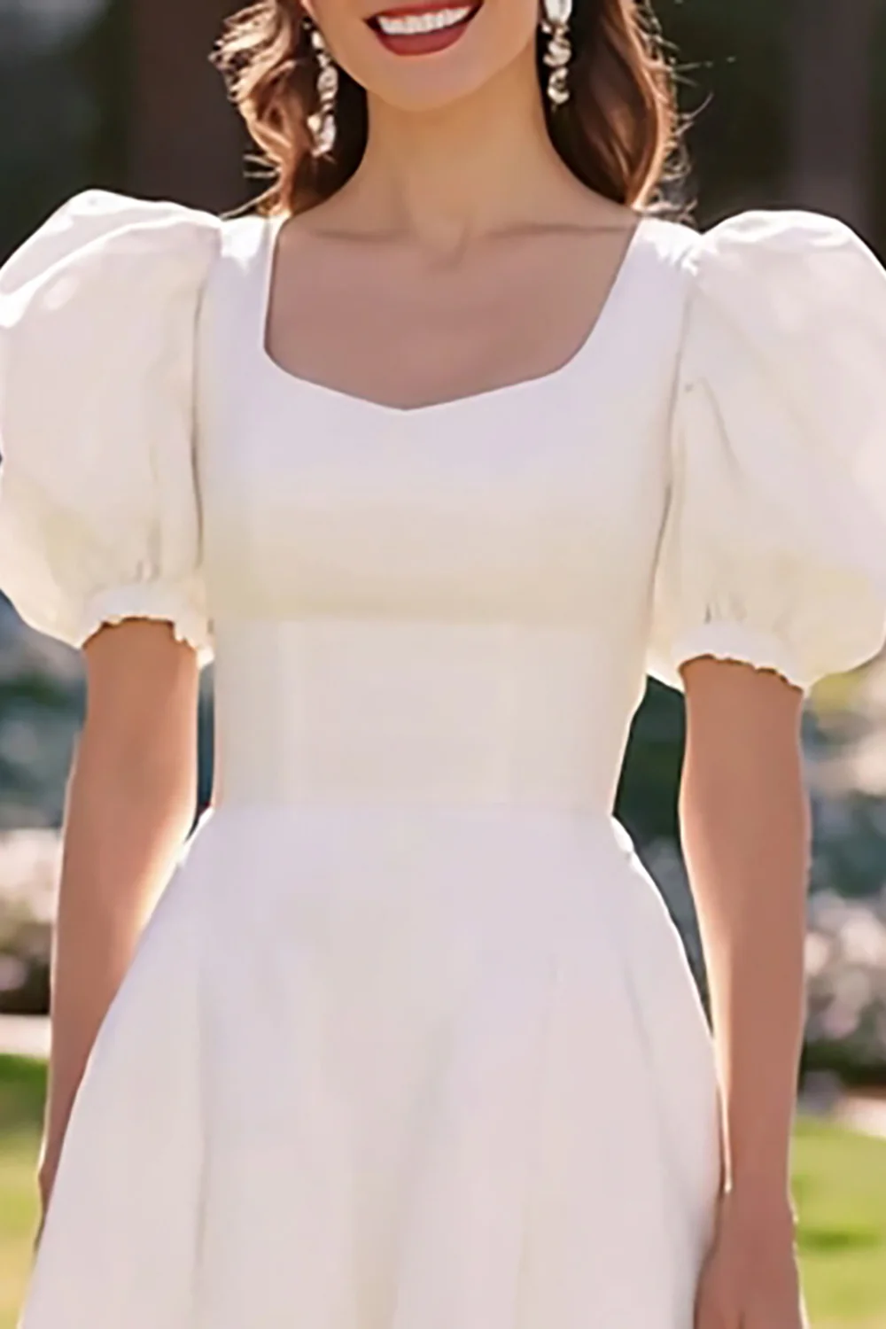 Simple White A Line Midi Engagement Dress with Sleeves - VNBITS