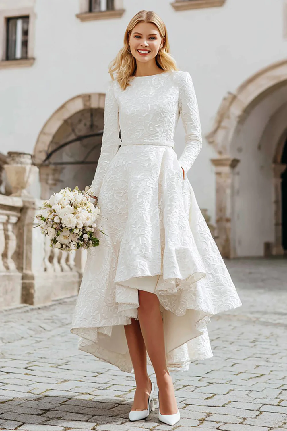 Ivory A Line Boat Neck High-Low Engagement Dress with Pockets - VNBITS