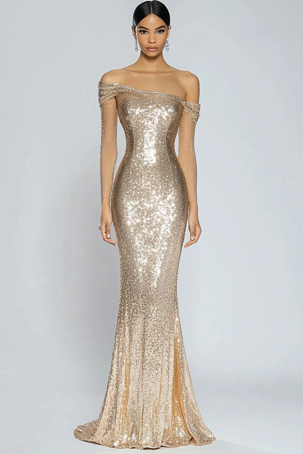 Sparkly Champagne Mermaid Off the Shoulder Sequins Long Formal Dress - VNBITS