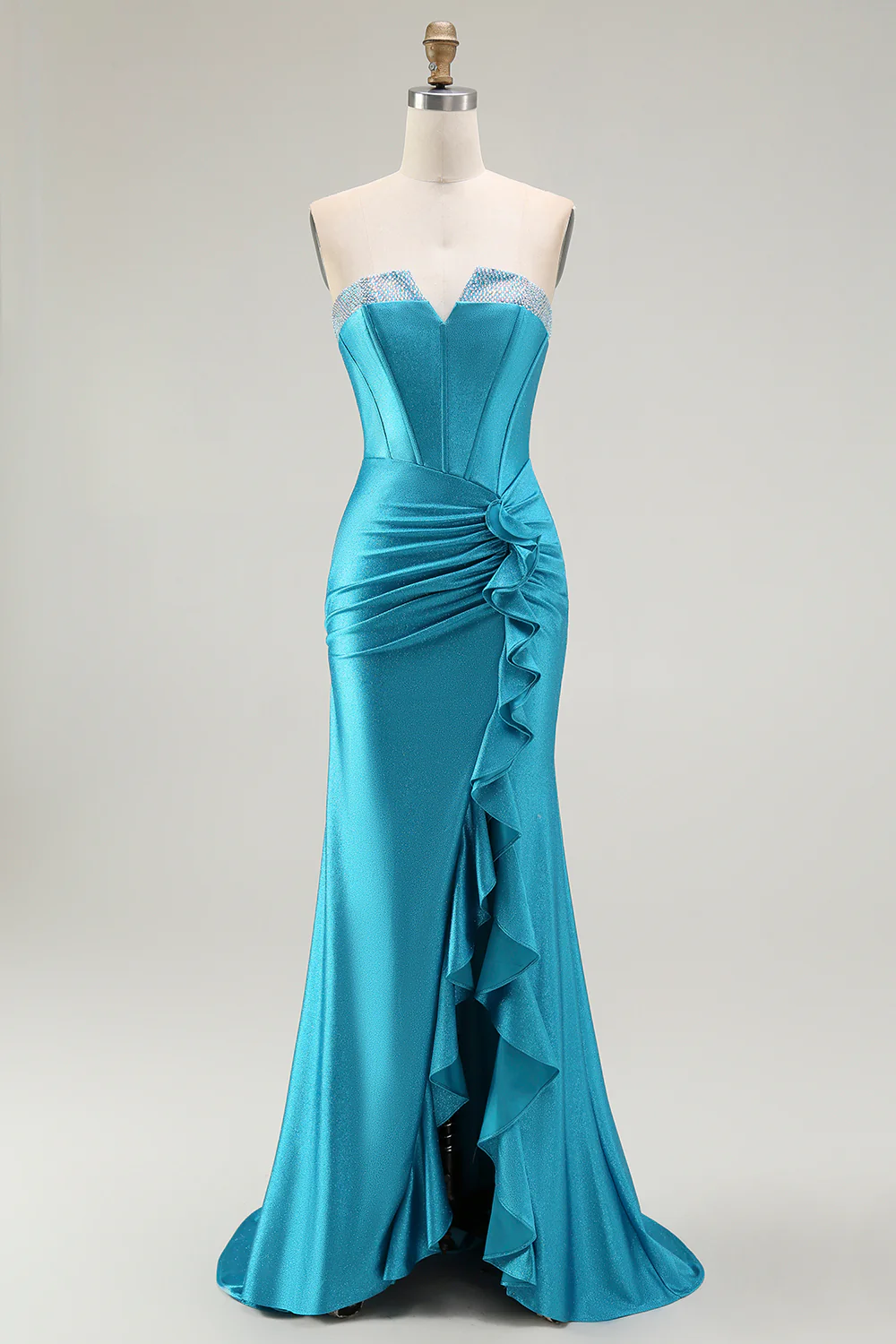 Sparkly Blue Strapless Corset Mermaid Long Prom Dress with Ruffles - VNBITS