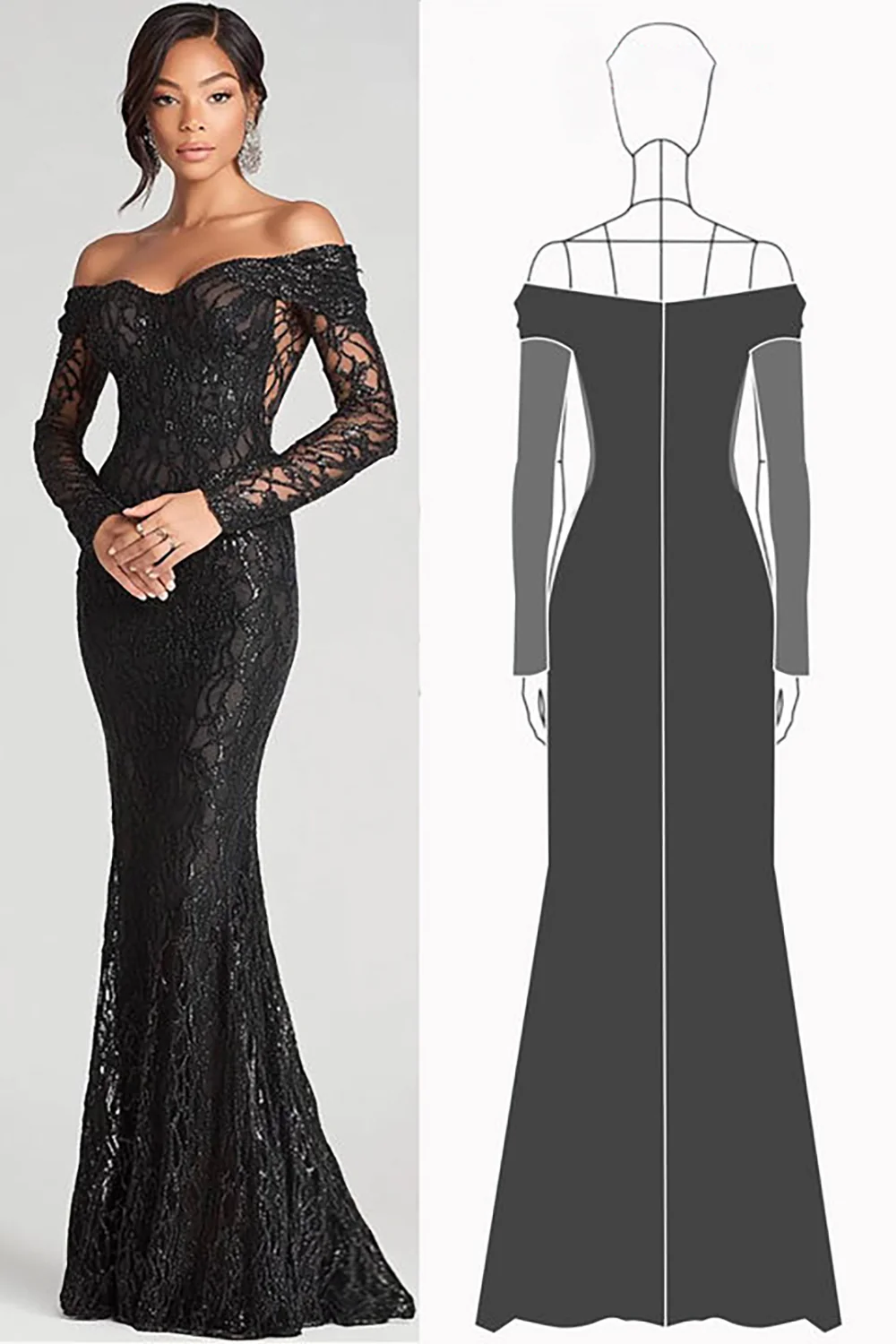 Black Mermaid Off The Shoulder Mesh And Lace Formal Dress - VNBITS