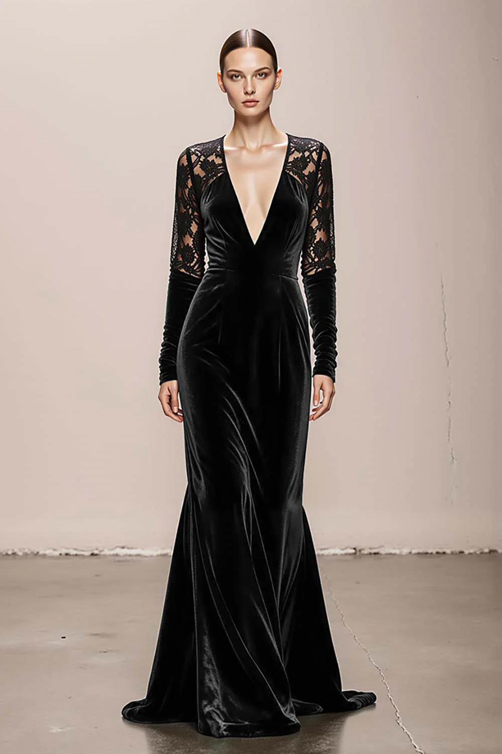 Dark Green V-Neck Velvet Mermaid Long Formal Dress with Lace - VNBITS