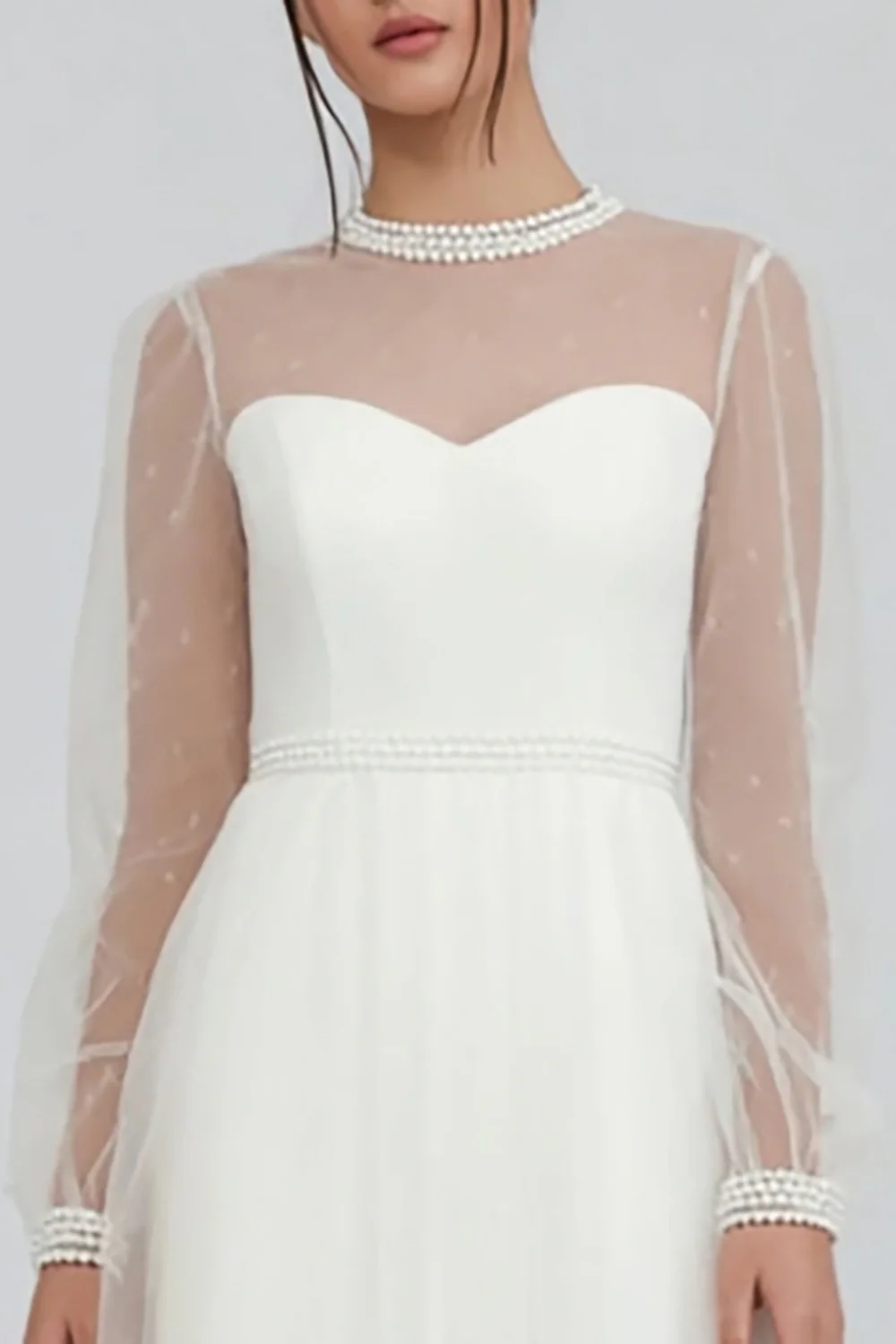 Sparkly White Tulle A Line Midi Engagement Dress with Beading - VNBITS