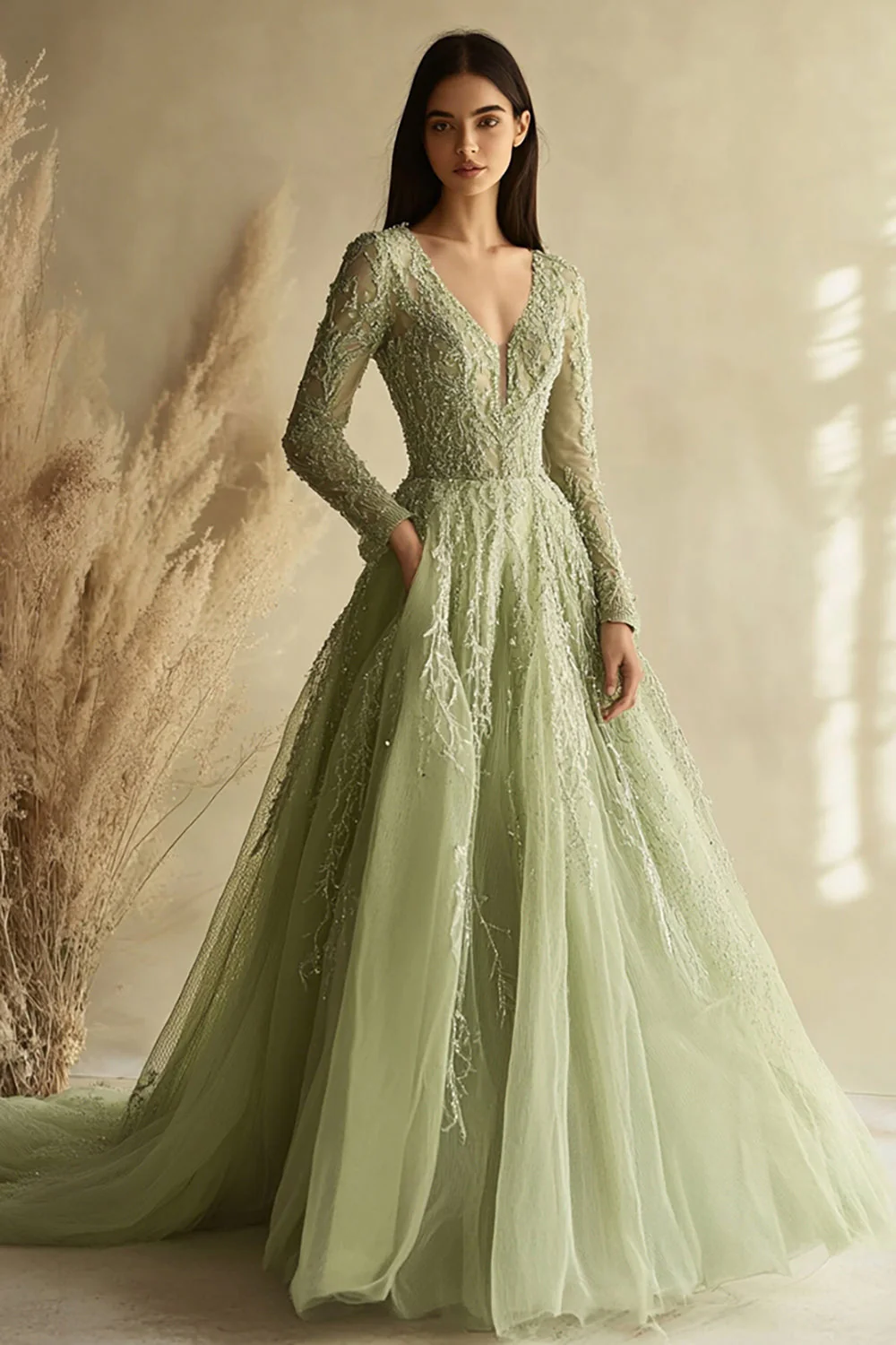 Dusty Sage A Line Long Sleeve V-Neck Tulle Prom Dress - VNBITS