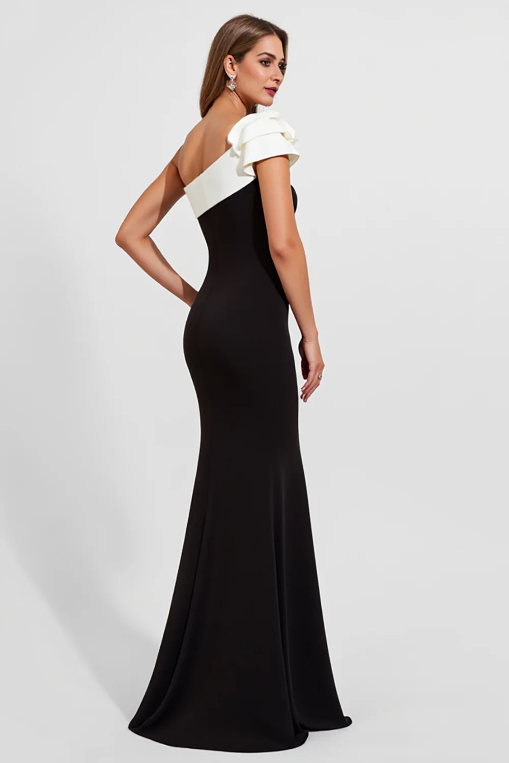 Black Satin One Shoulder Long Black Tie Dress - VNBITS