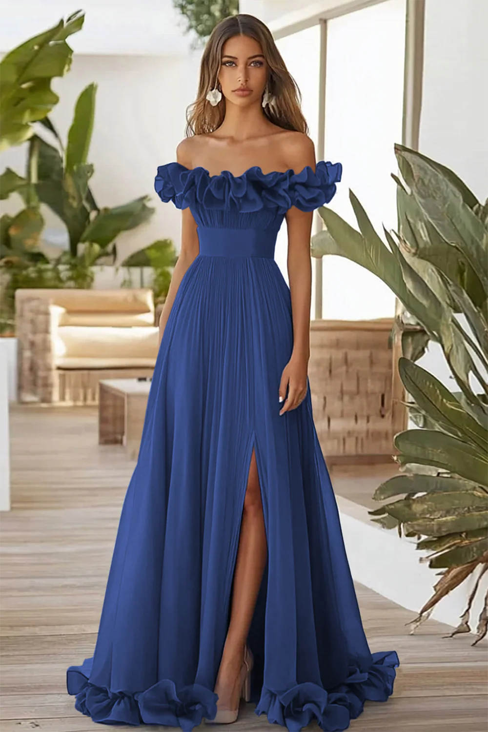 Dark Navy A Line Off the Shoulder Long Formal Dress with Slit - VNBITS