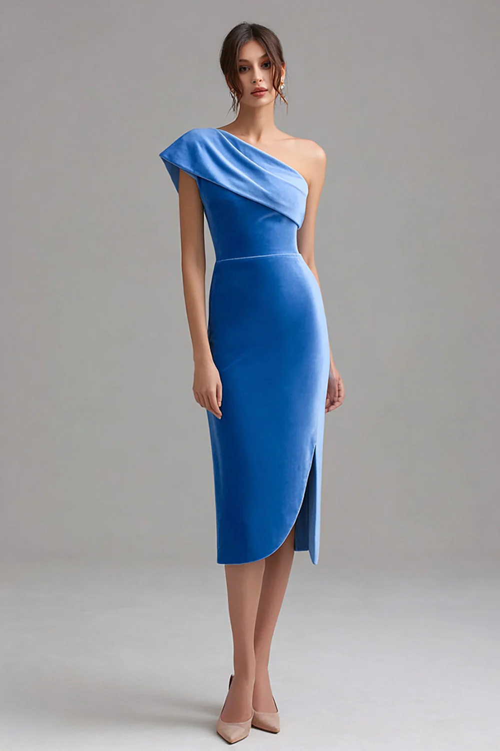 Blue Velvet Bodycon One Shoulder Midi Holiday Party Dress with Slit - VNBITS