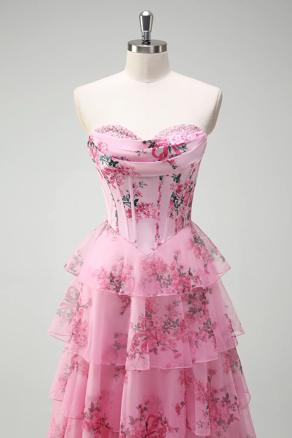 Blush Floral A-Line Tiered Sweetheart Long Prom Dress with Slit - VNBITS