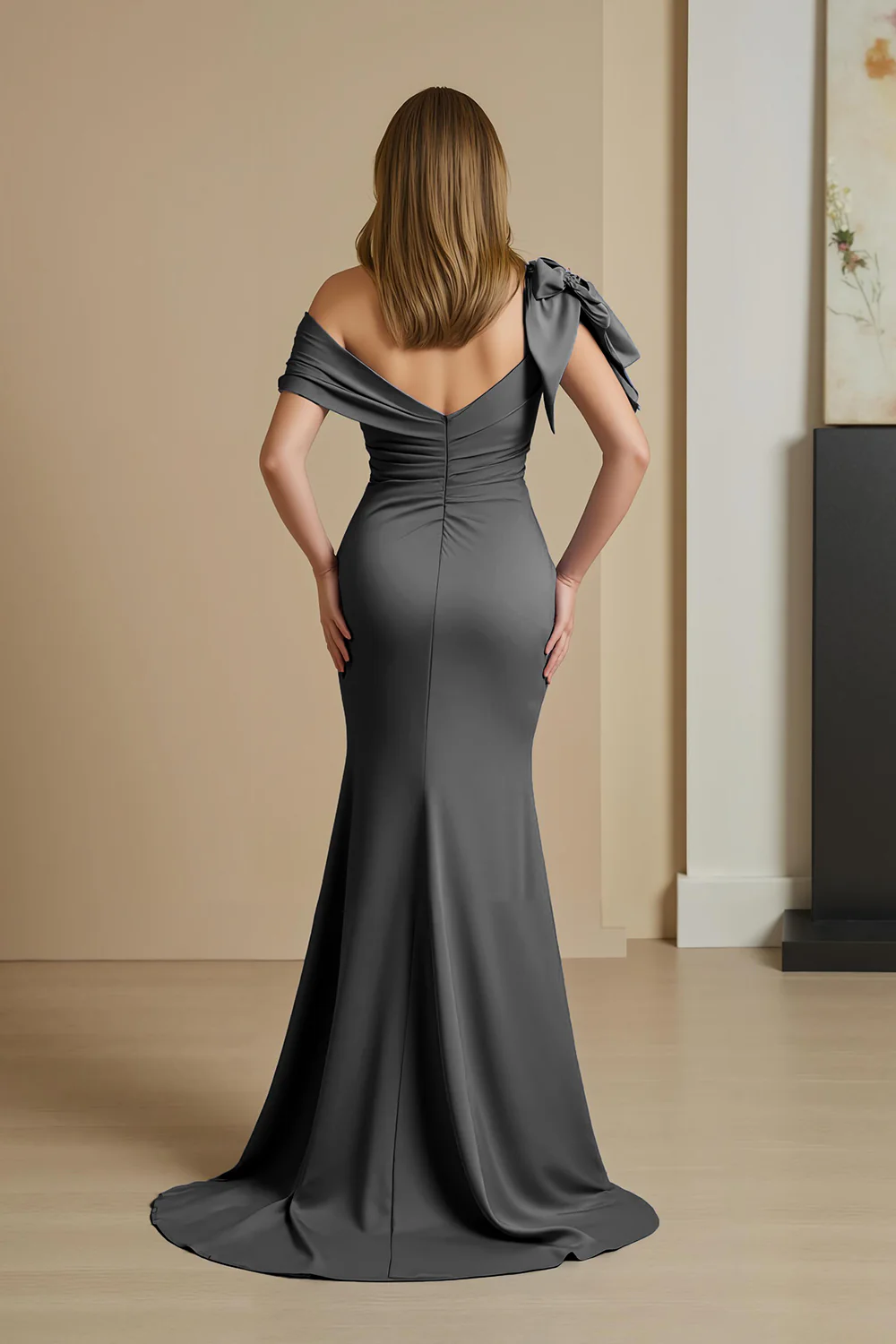 Dusty Blue Satin Mermaid Ruched Long Mother of the Bride Dress with Bow - VNBITS