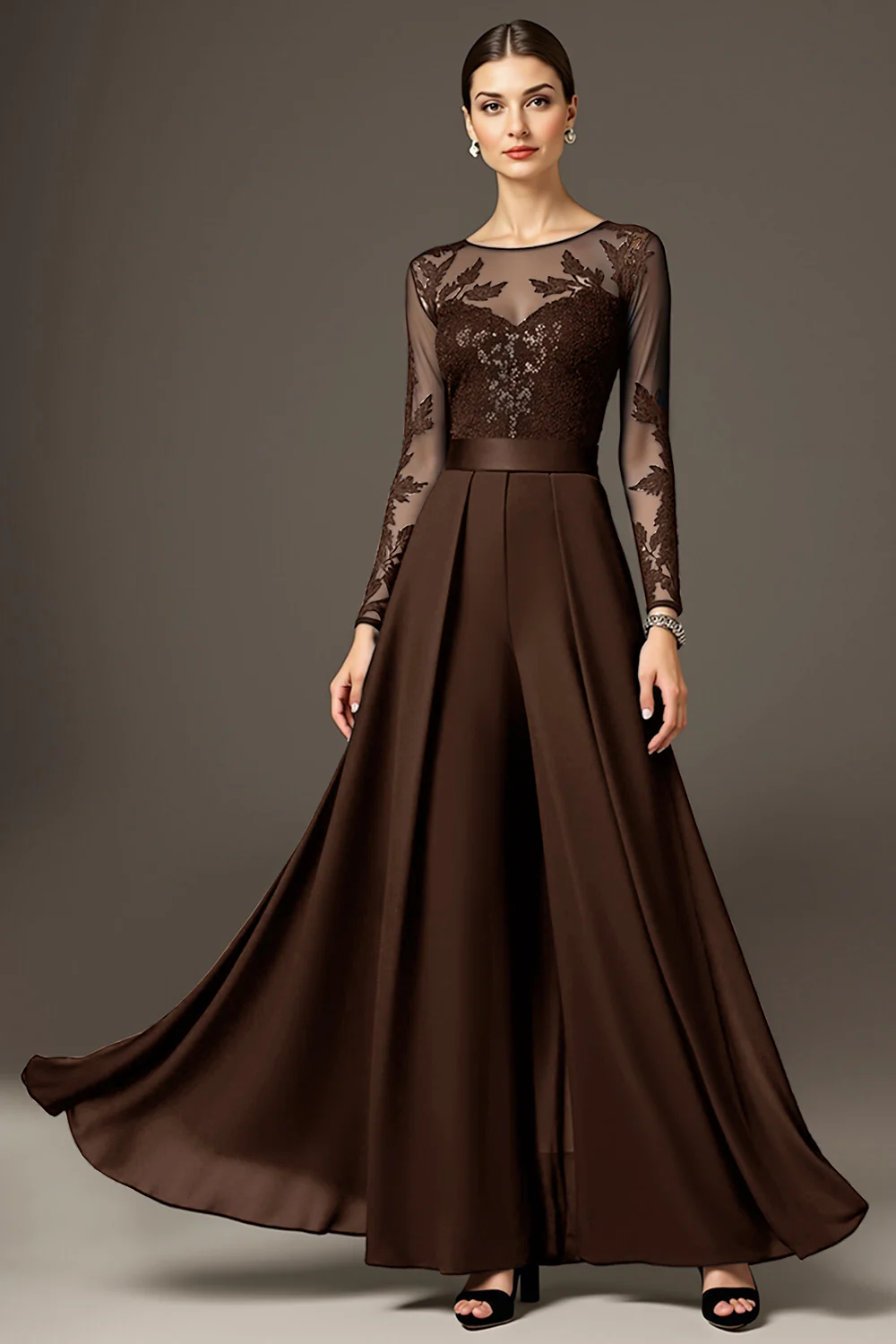 Black A Line Chiffon Long Mother of the Bride Jumpsuits with Lace - VNBITS