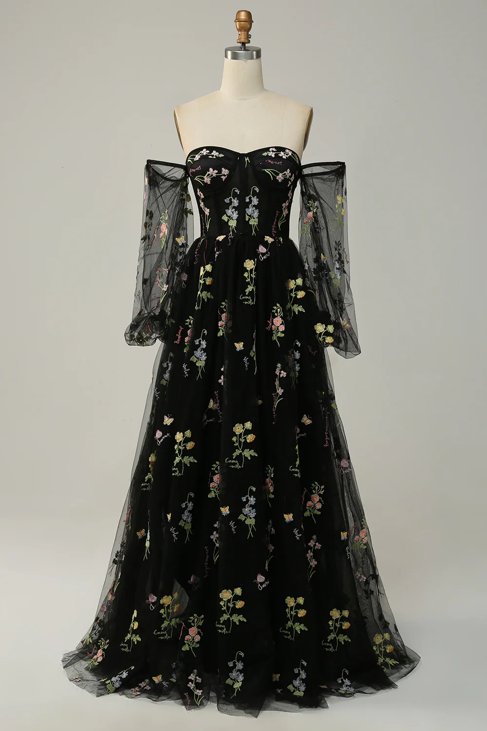 Green Off Shoulder Floral Long Prom Dress - VNBITS