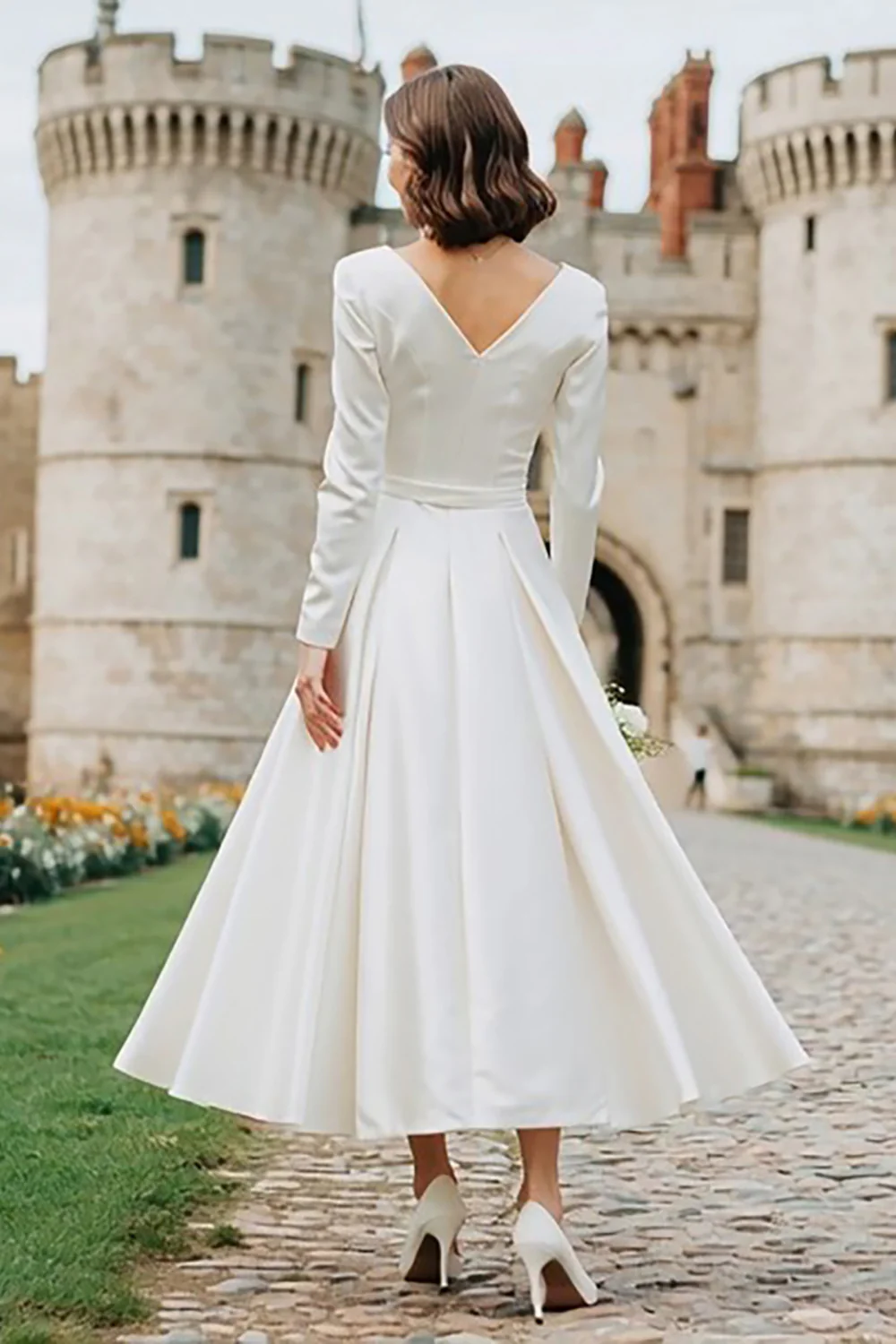Ivory Boat Neck A Line Long Engagement Dress with Sleeves - VNBITS