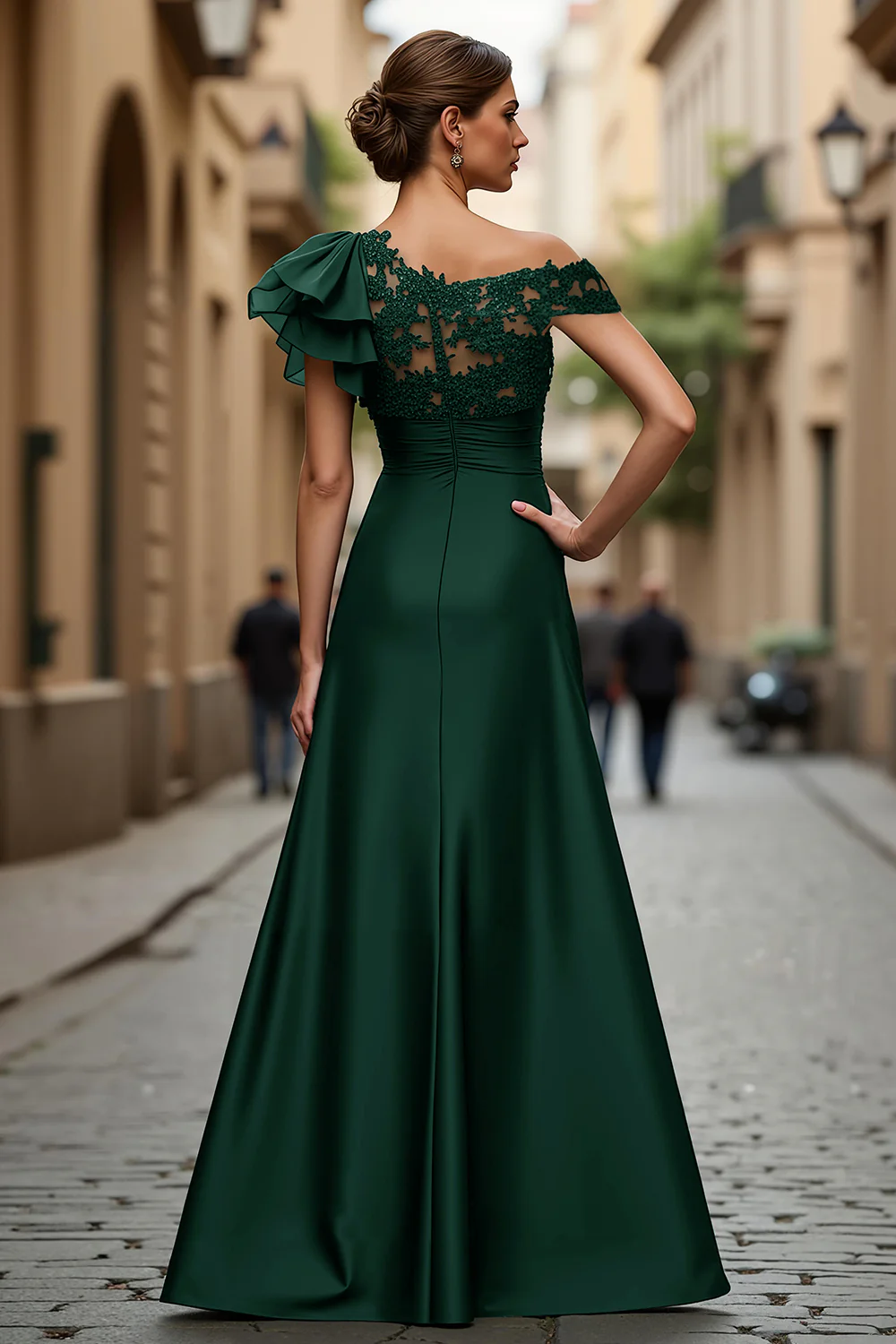 Black Chiffon Ruffled One Shoulder Long Mother of the Bride Dress with Lace - VNBITS