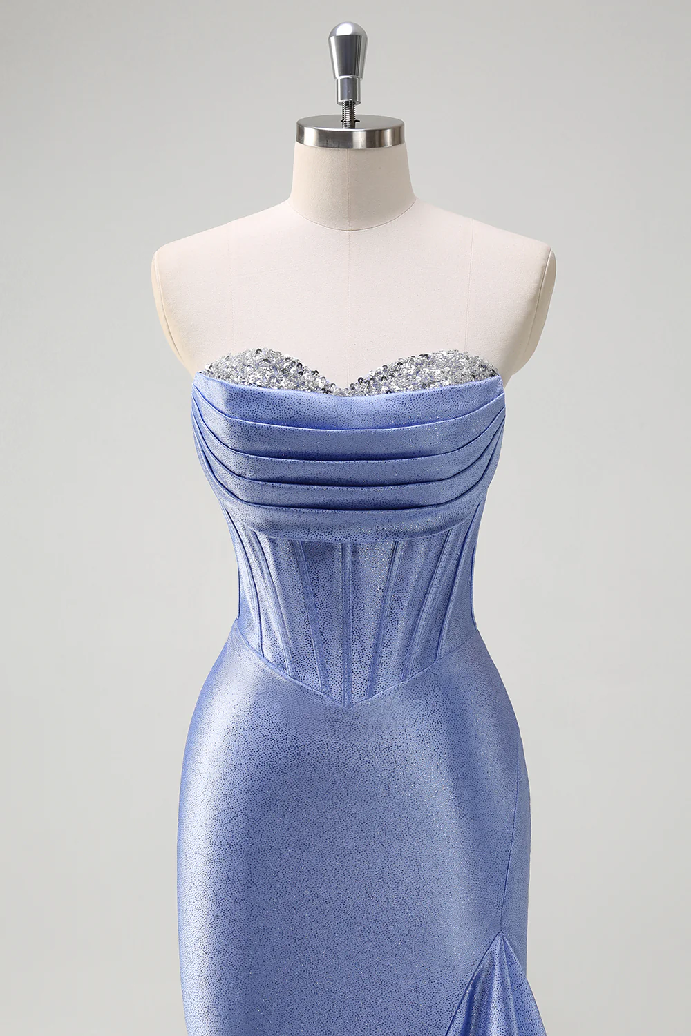 Sparkly Grey Blue Sweetheart Mermaid Long Prom Dress with Ruffles - VNBITS