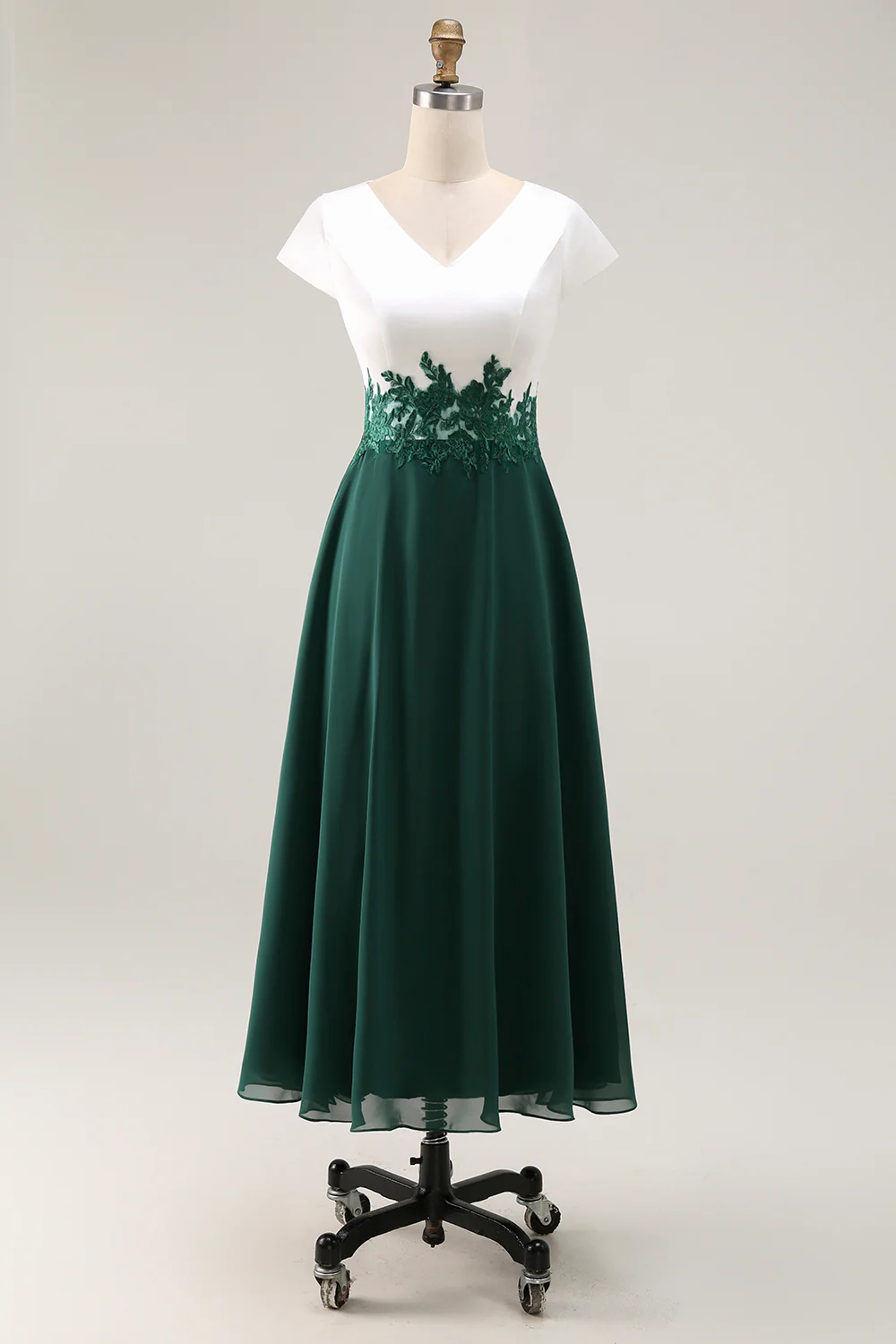 White Green V-Neck Appliqued Long Mother of the Bride Dress with Sleeves - VNBITS