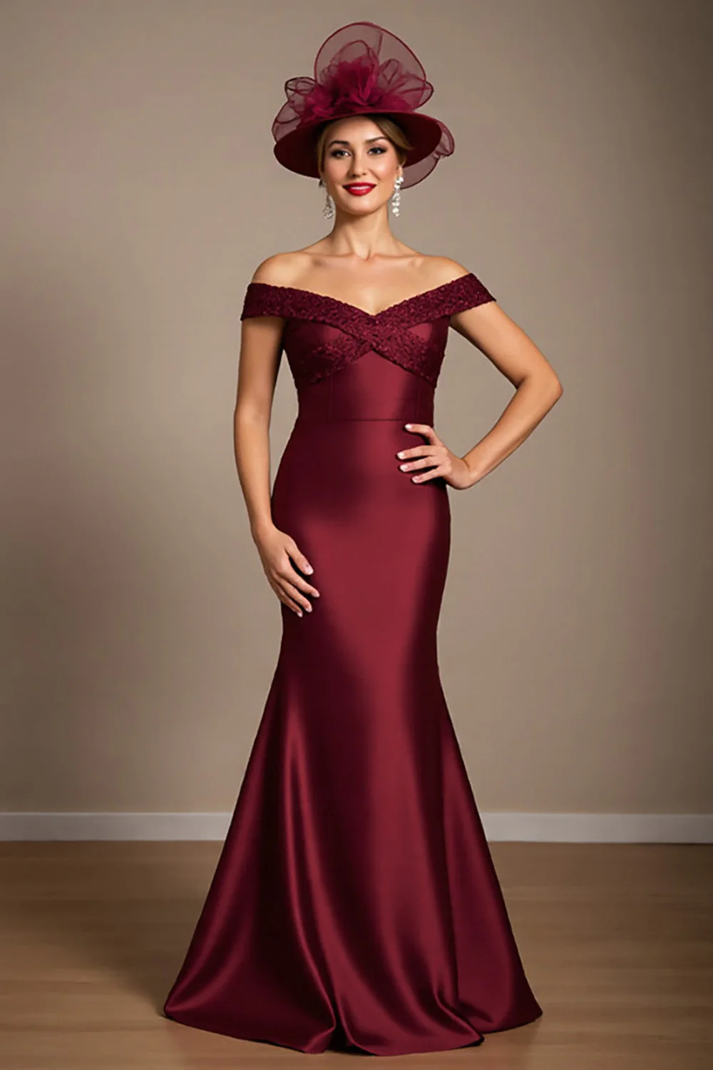 Burgundy Mermaid Long Satin Mother of the Bride Dress with Appliques - VNBITS