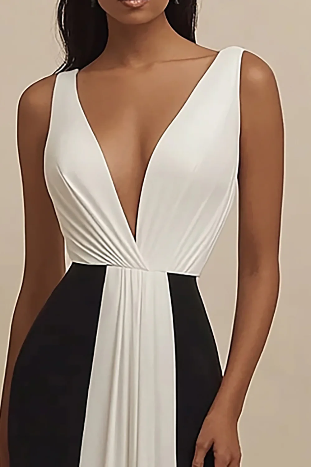 Black and White Deep V-Neck Sheath Long Formal Dress - VNBITS