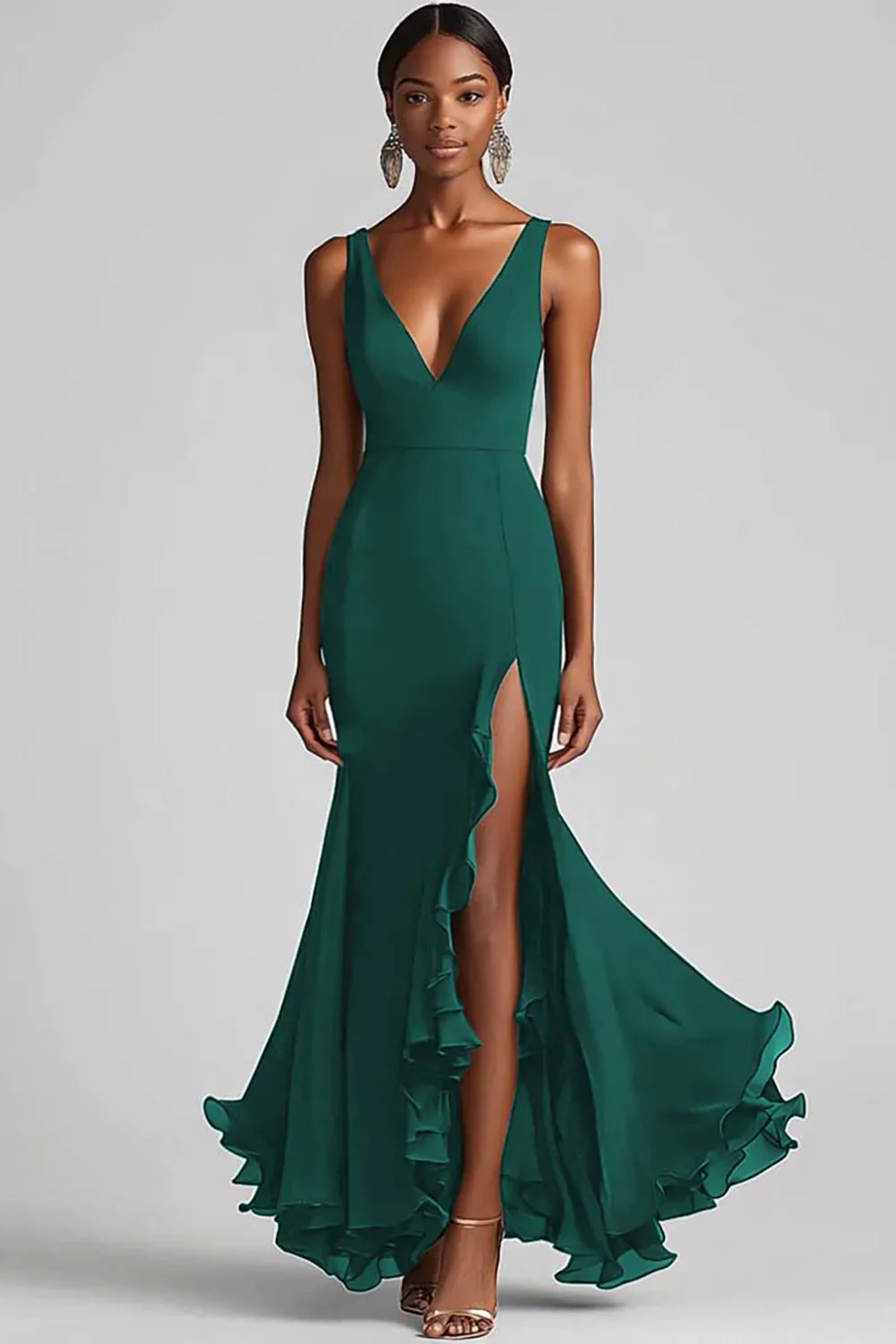 Ink Blue Chiffon V-Neck Ruffled Long Formal Dress with Slit - VNBITS