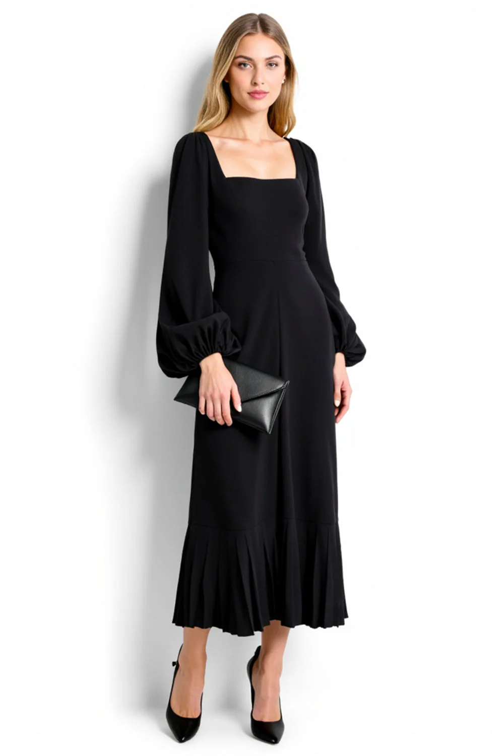Simple Black Sheath Square Neck Long Work Dress with Sleeves - VNBITS