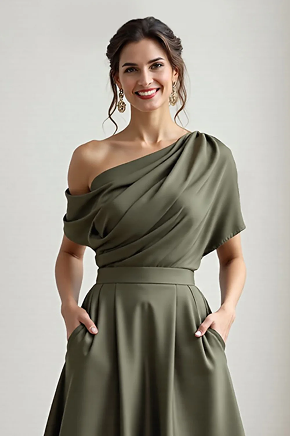 Black A Line Long Satin Mother of the Bride Dress with Pockets - VNBITS