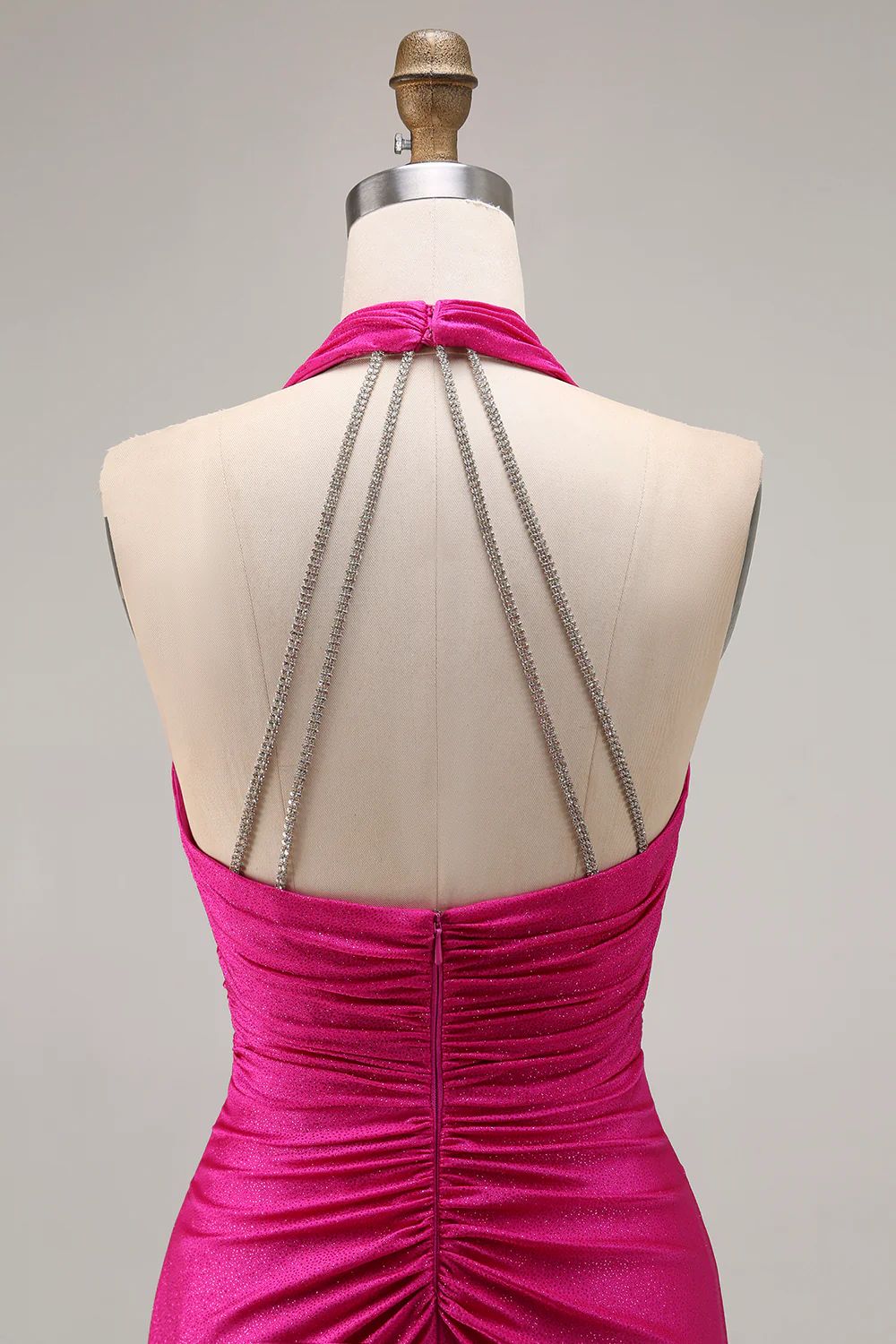 Fuchsia Glitter Halter Mermaid Ruched Long Prom Dress with Slit - VNBITS