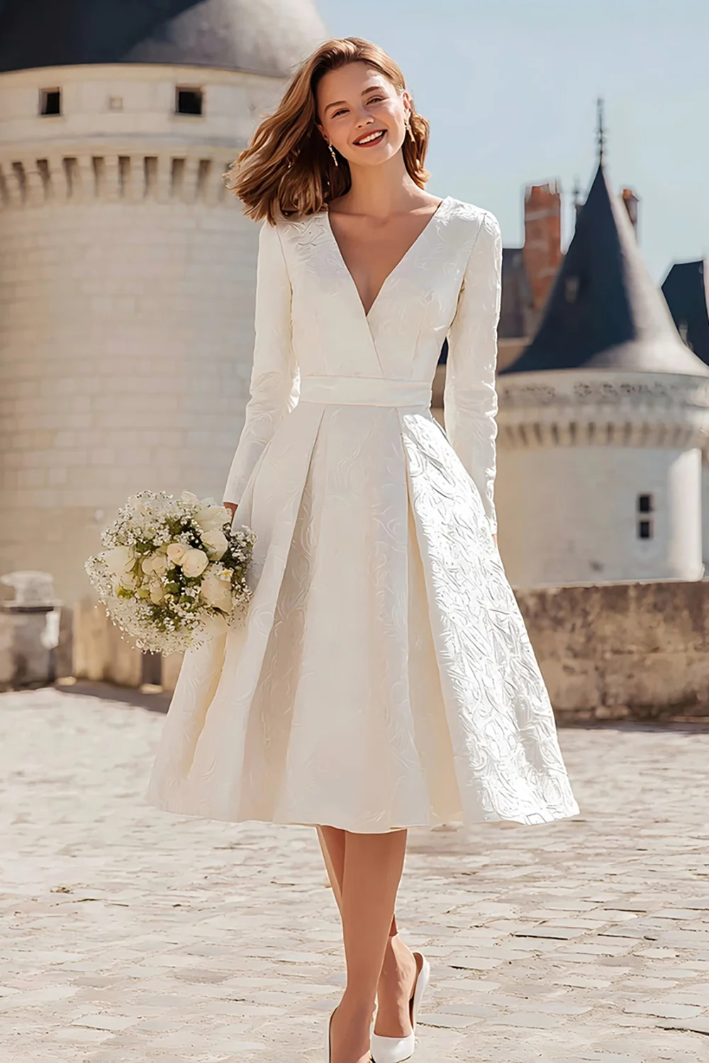 Simple Ivory A Line V-Neck Midi Engagement Dress with Sleeves - VNBITS