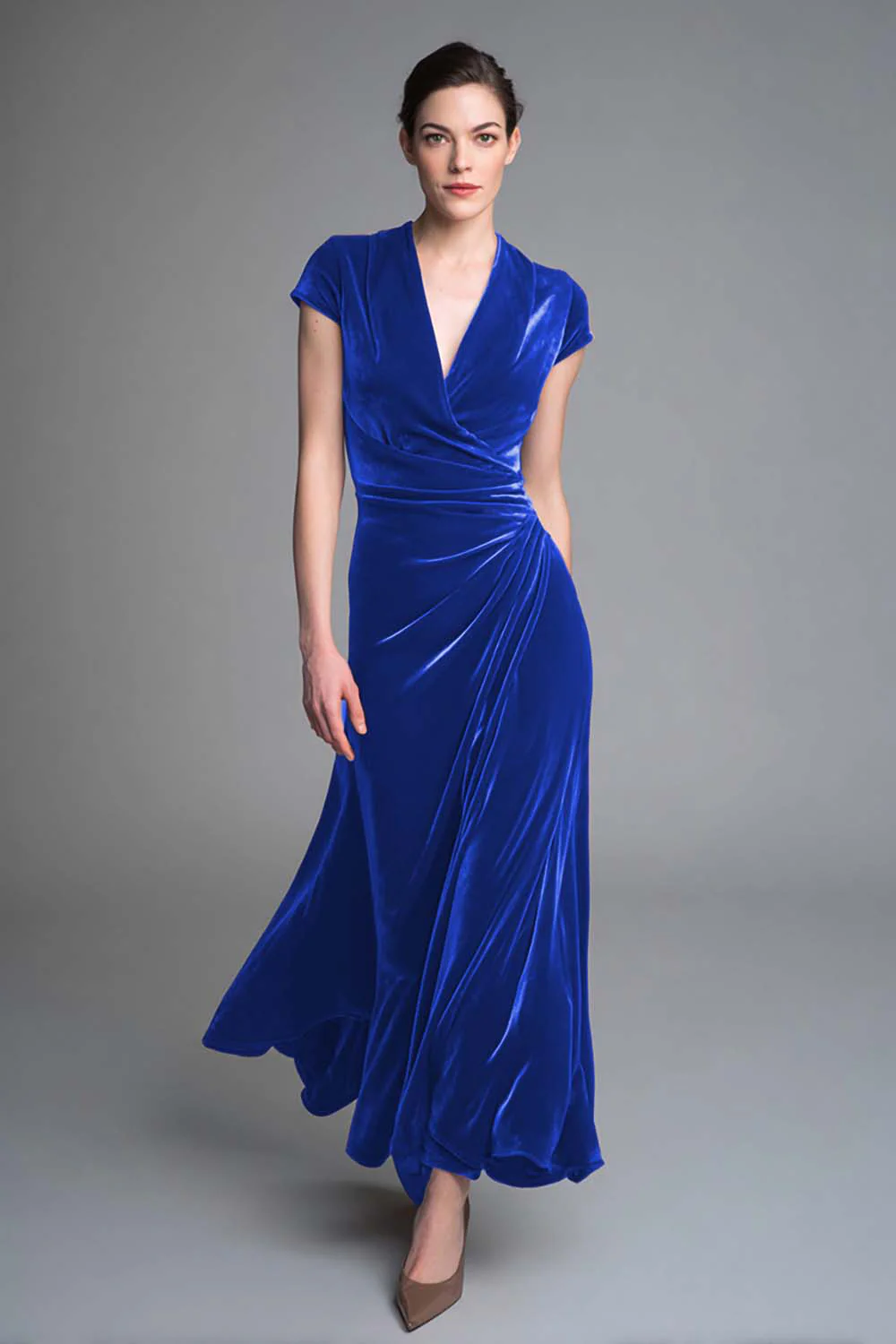 Caramel Velvet Ruched V Neck Long Holiday Party Dress with Sleeves - VNBITS