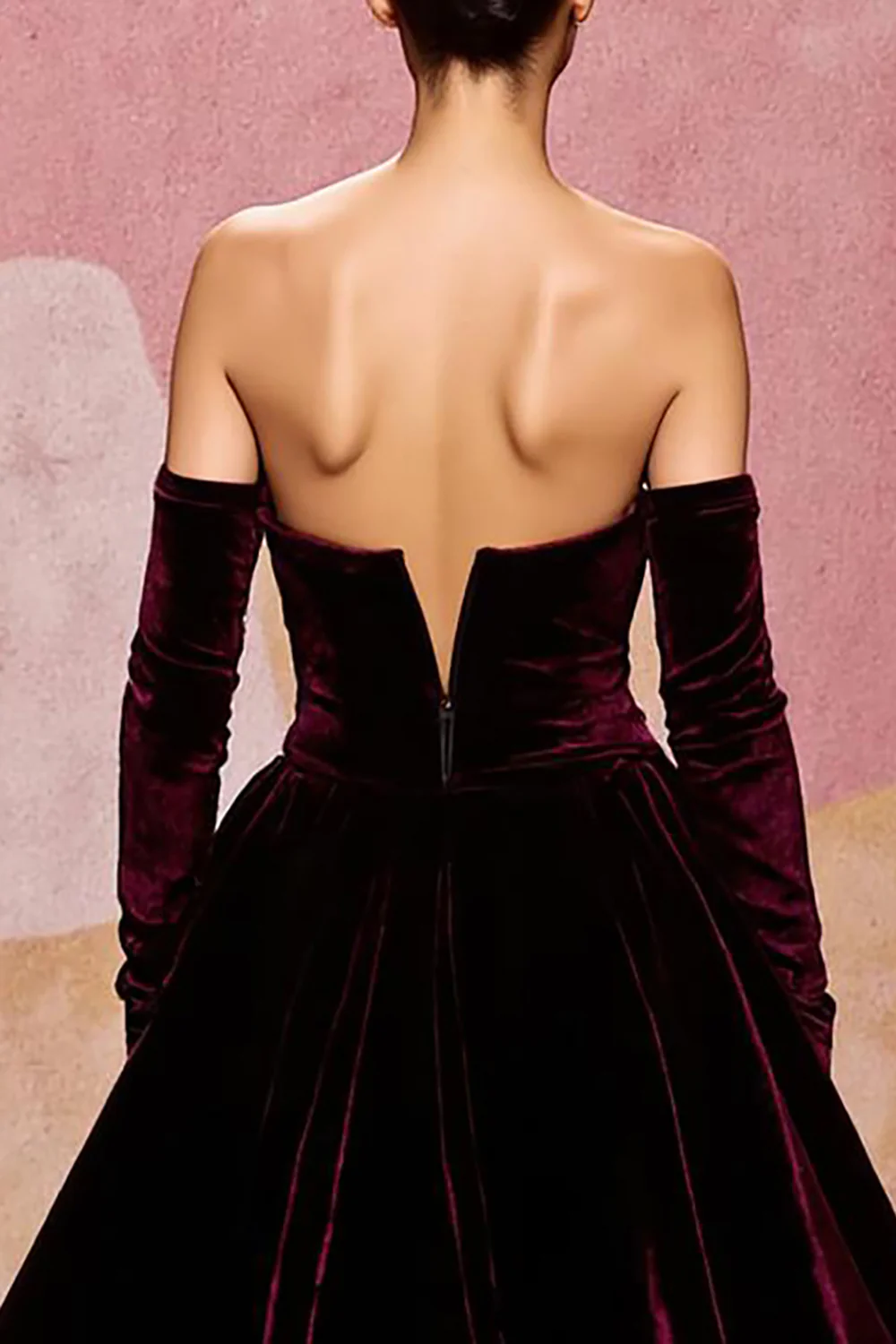Dark Red Velvet A Line Long Off the Shoulder Evening Dress - VNBITS