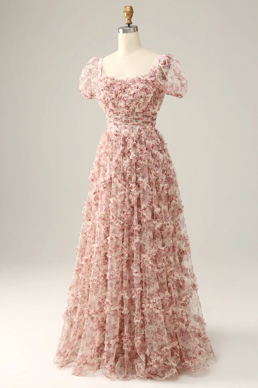 Ivory Red Flower Square Neck Prom Dress - VNBITS
