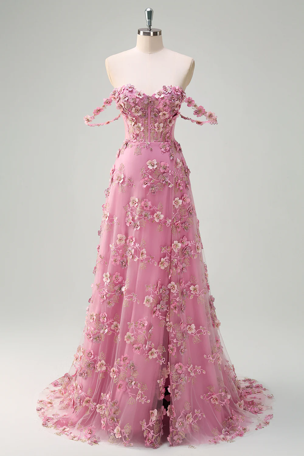 Taro Floral A-Line Off The Shoulder Corset Long Prom Dress with Slit - VNBITS