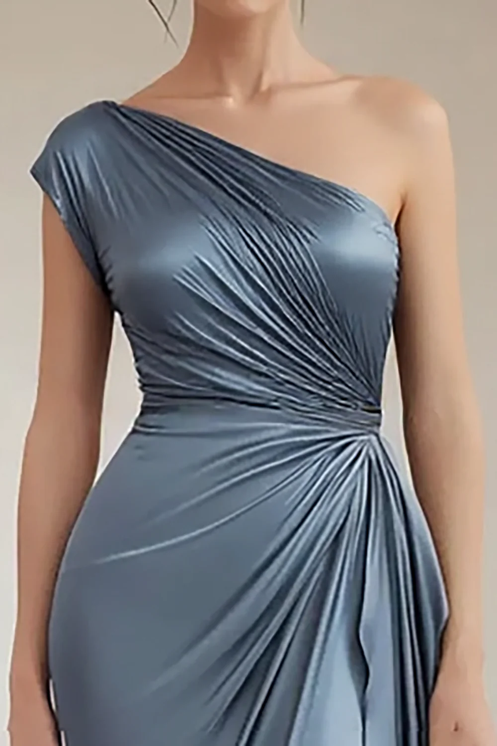 Grey Blue One Shoulder Sheath Long Ruched Formal Dress - VNBITS
