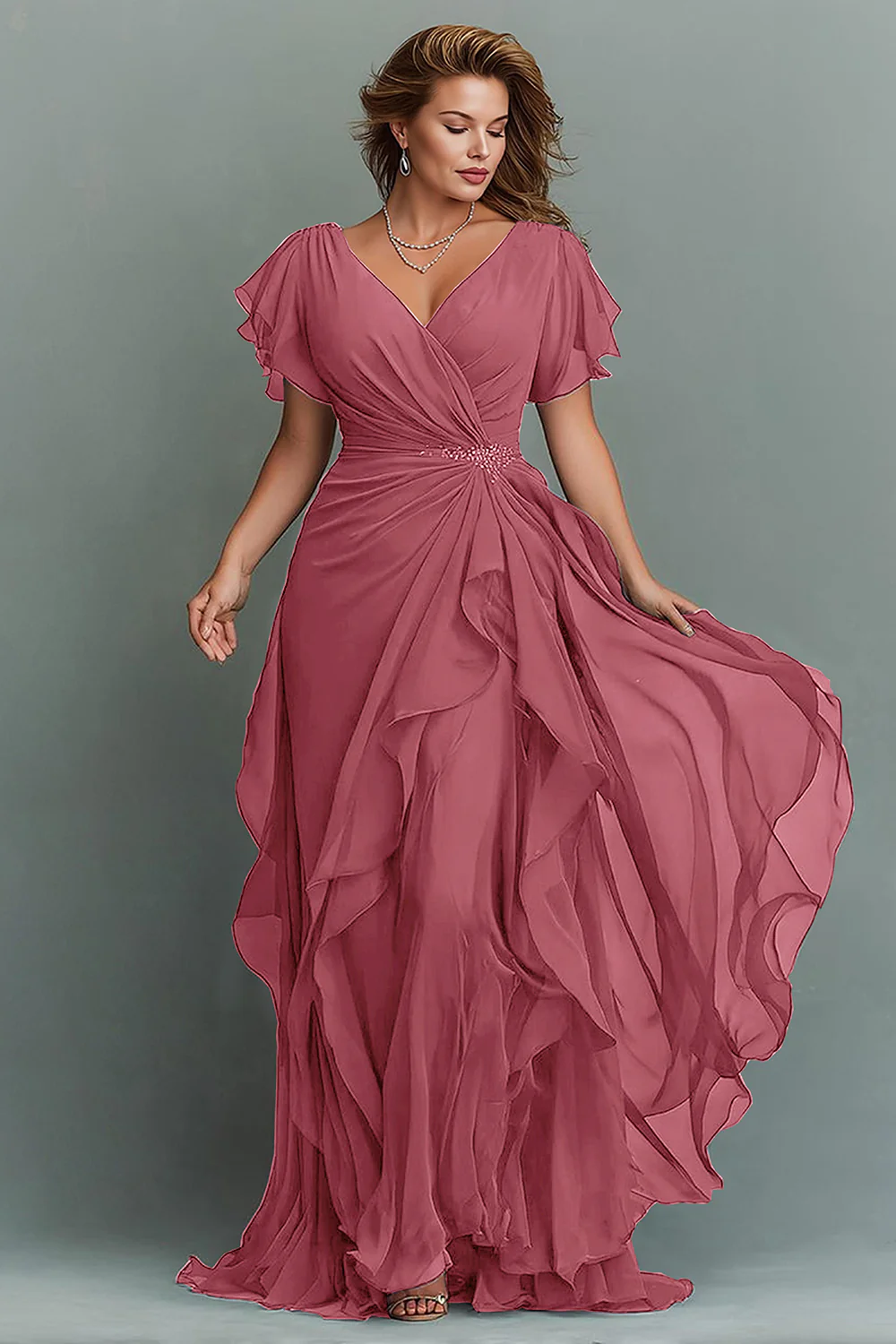 Navy Chiffon V-Neck Ruched Long  with Ruffles - VNBITS