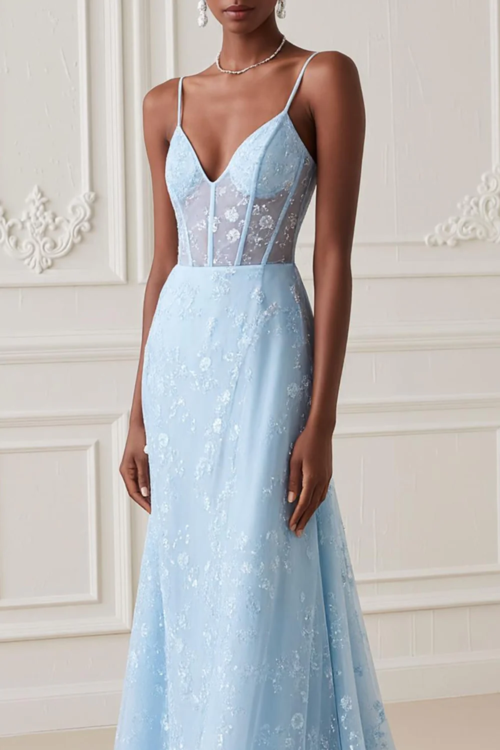 Light Blue Mermaid Spaghetti Straps Long Corset Prom Dress with Embroidery - VNBITS