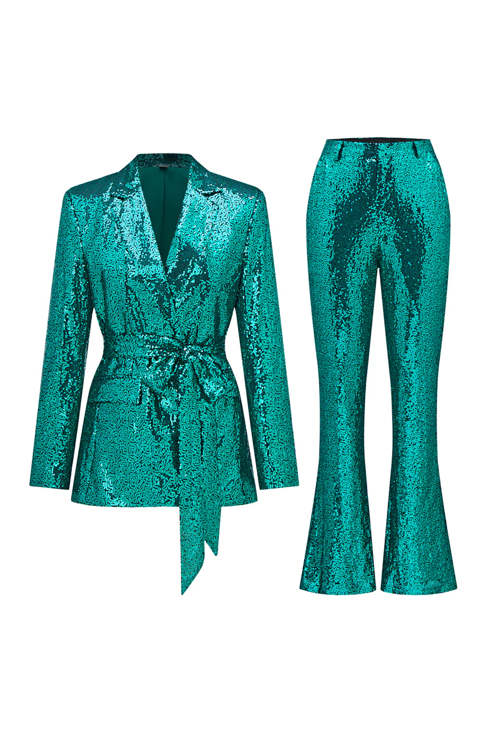 Sparkly Green Sequins Notched Lapel Women Suits with Belt - VNBITS