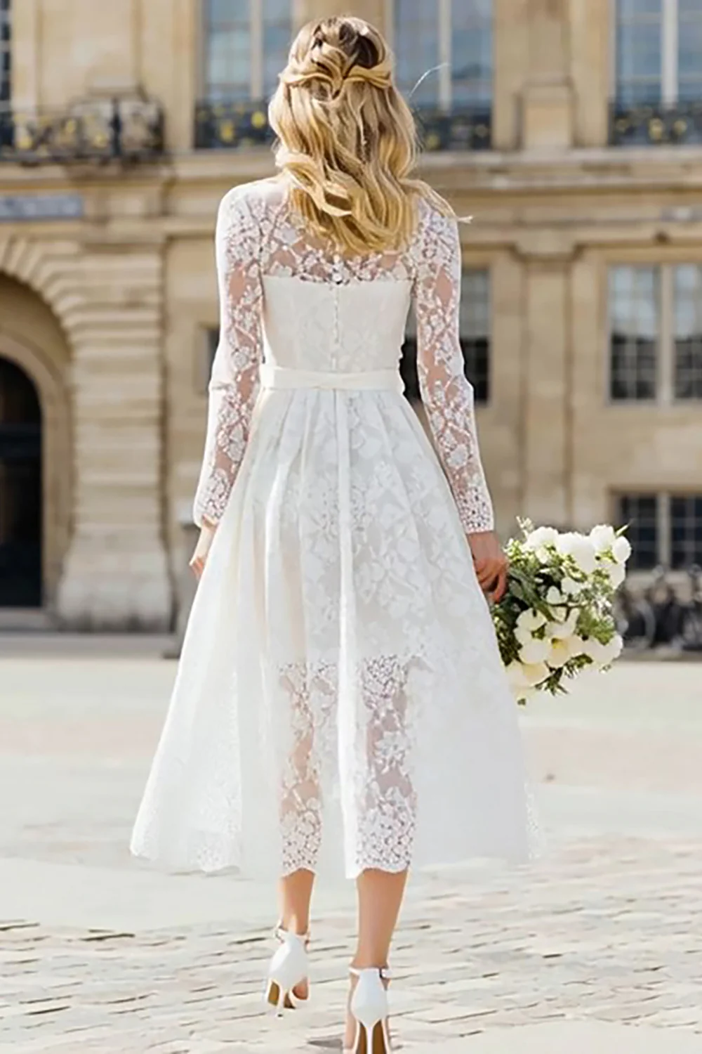Ivory Lace A Line Long Wedding Dress with Sleeves - VNBITS