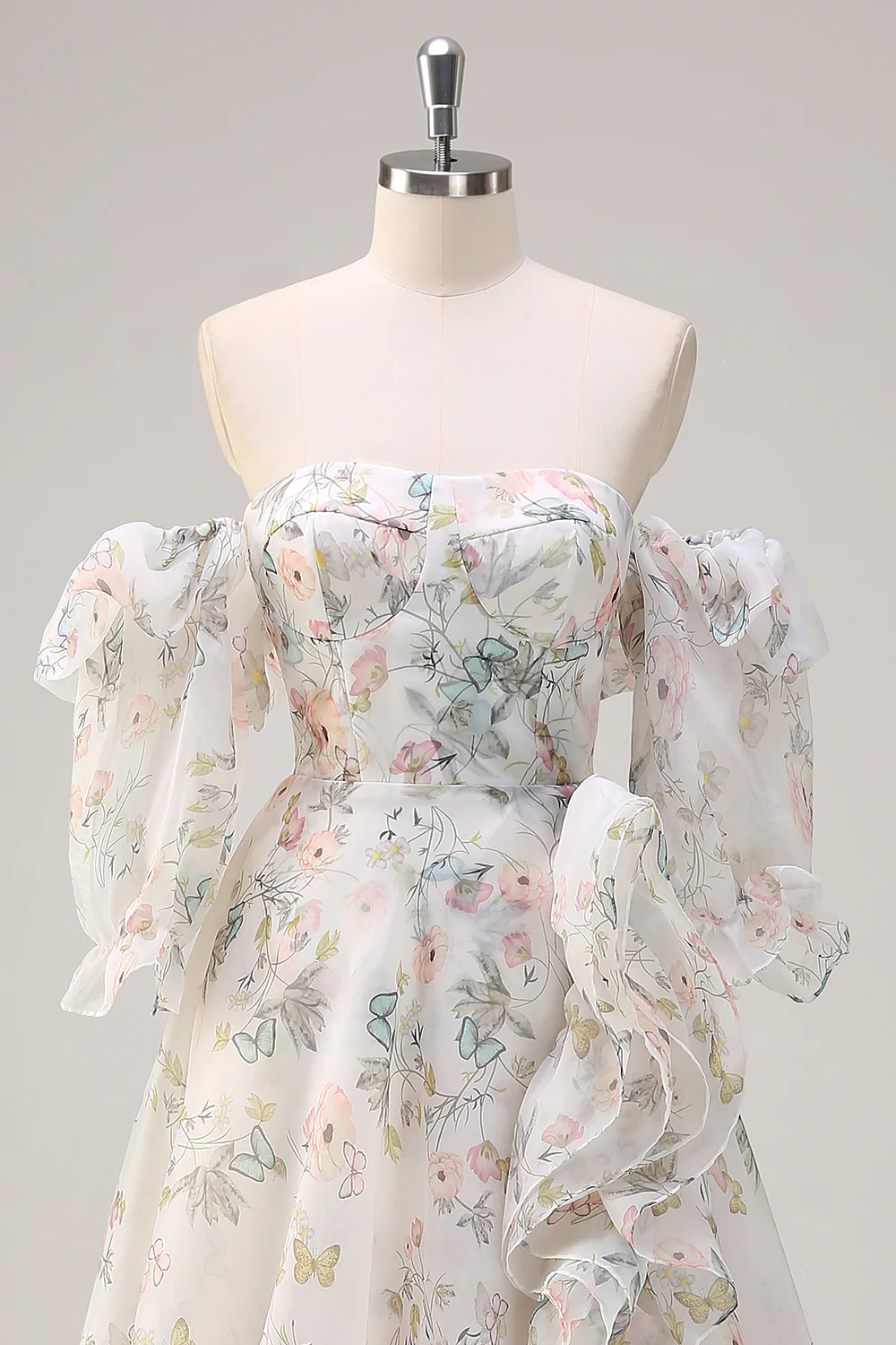 White Floral A-Line Off The Shoulder Ruffles Long Prom Dress with Slit - VNBITS