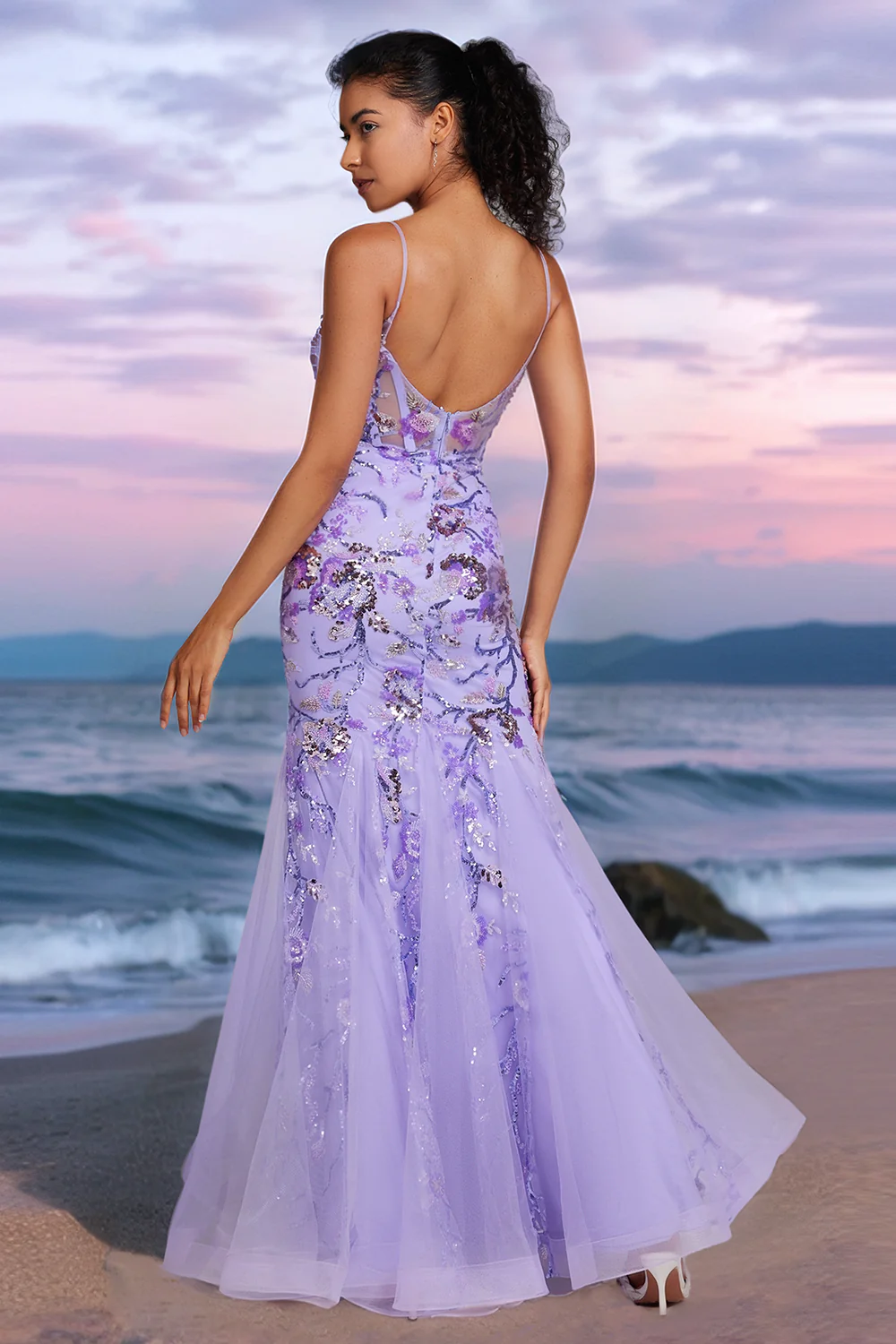 Sparkly Purple Mermaid Beaded Corset Long Prom Dress - VNBITS