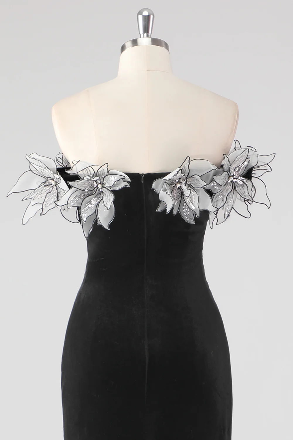 Black Velvet Sheath Formal Dress with 3D Flowers - VNBITS