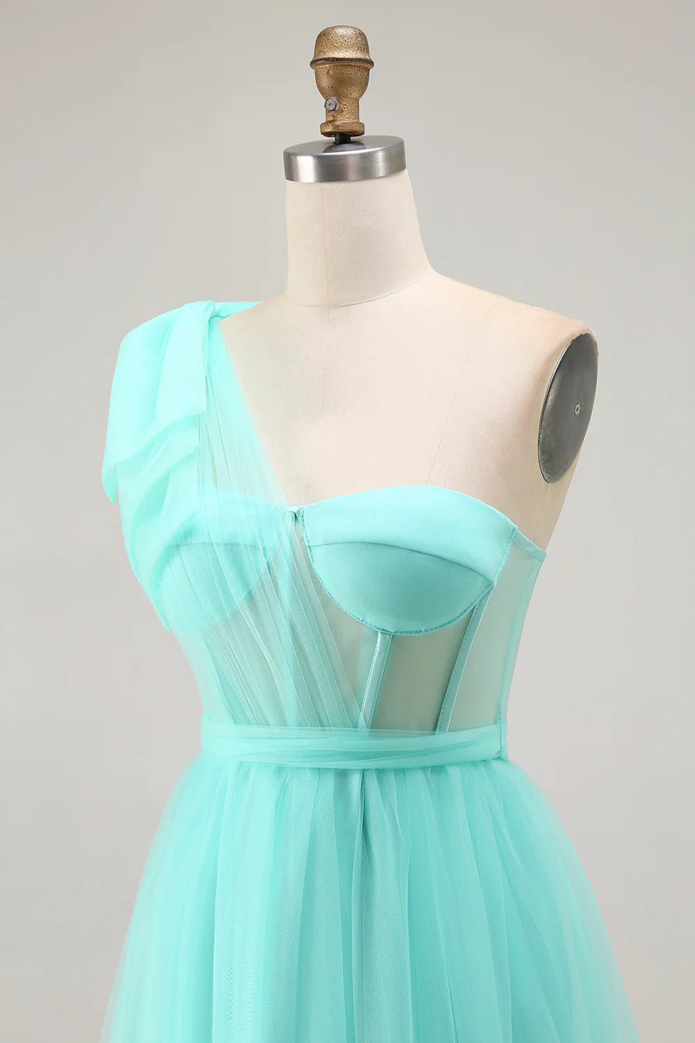 Mint Green Corset One Shoulder A Line Long Wedding Guest Dress with Slit - VNBITS