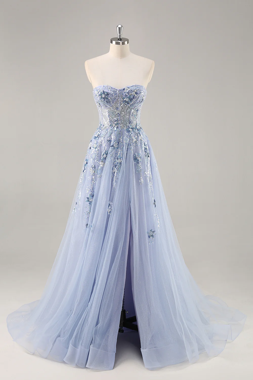 Sparkly Navy Corset Sweetheart Long Prom Dress with Appliques - VNBITS