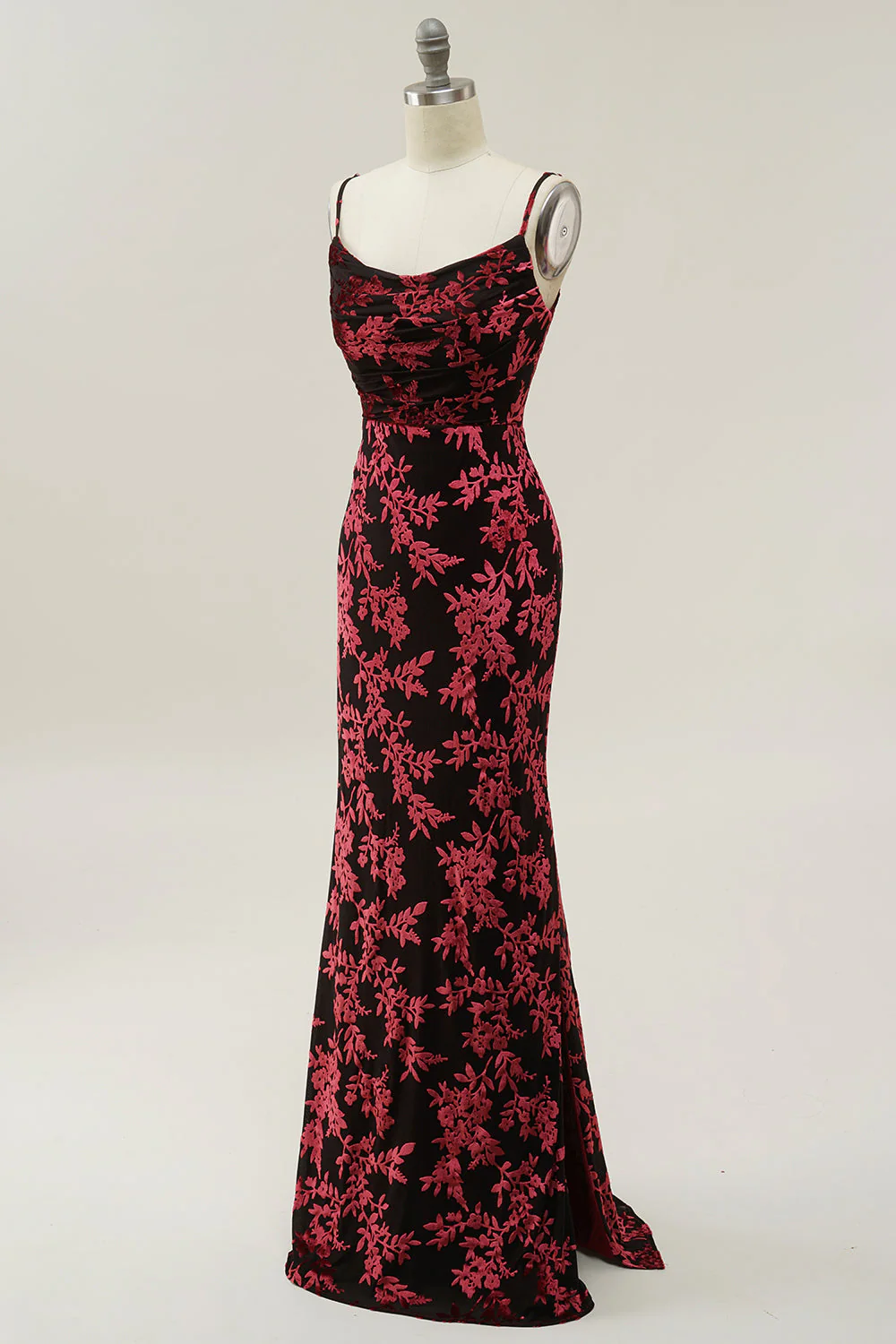 Sheath Spaghetti Straps Burgundy Printed Velvet Long Prom Dress with Silt - VNBITS