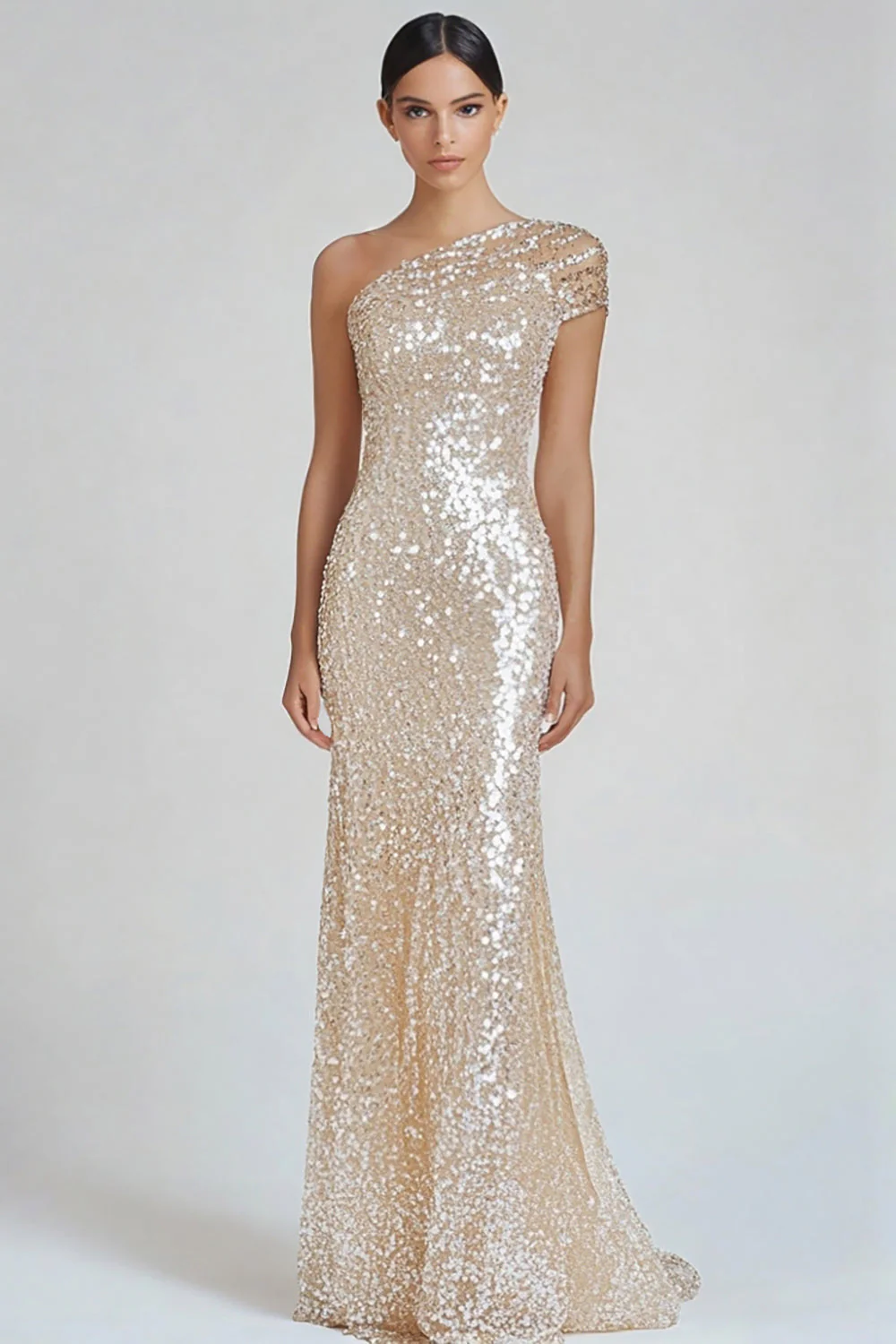 Sparkly Champagne Mermaid One Shoulder Formal Dress with Sequins - VNBITS
