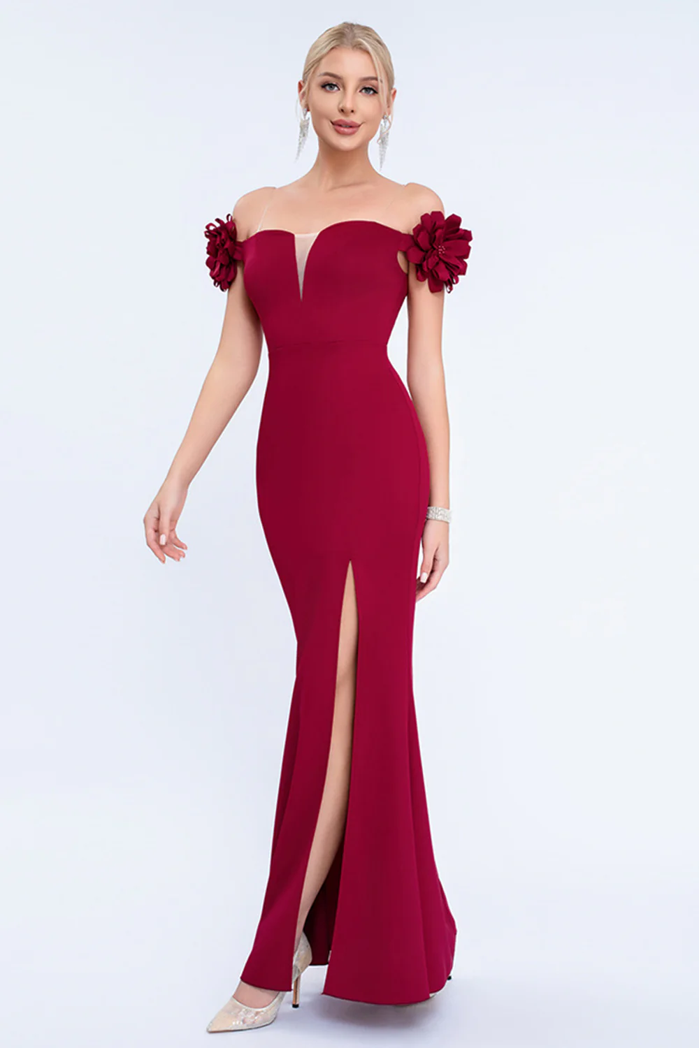 Blush Mermaid Off The Shoulder Long Prom Dress with 3D Flowers - VNBITS