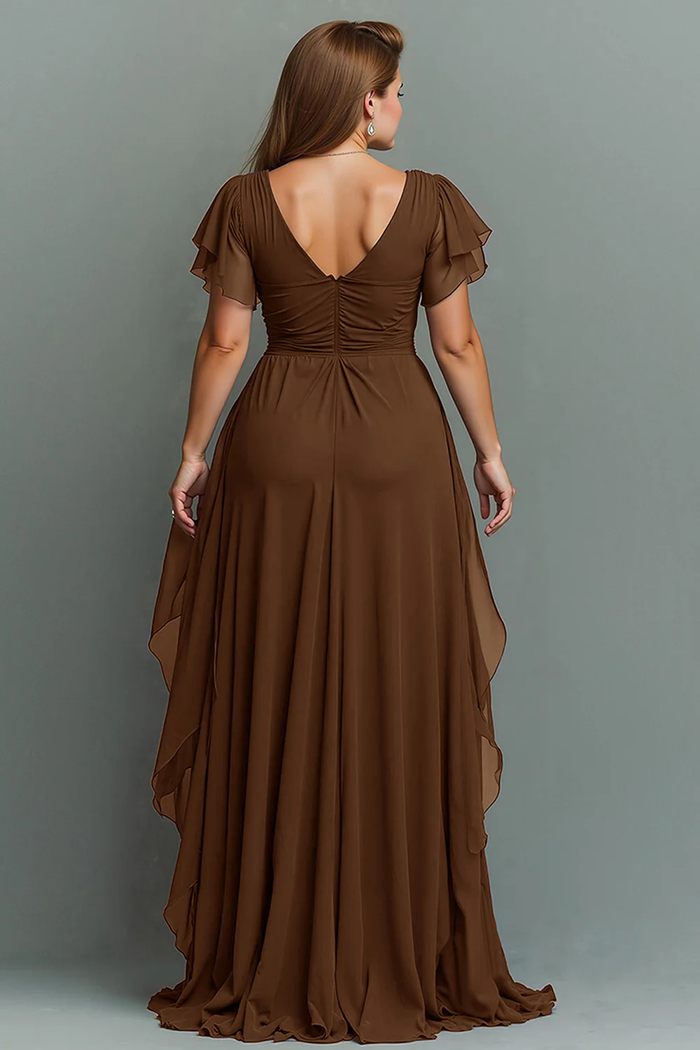 Navy Chiffon V-Neck Ruched Long  with Ruffles - VNBITS