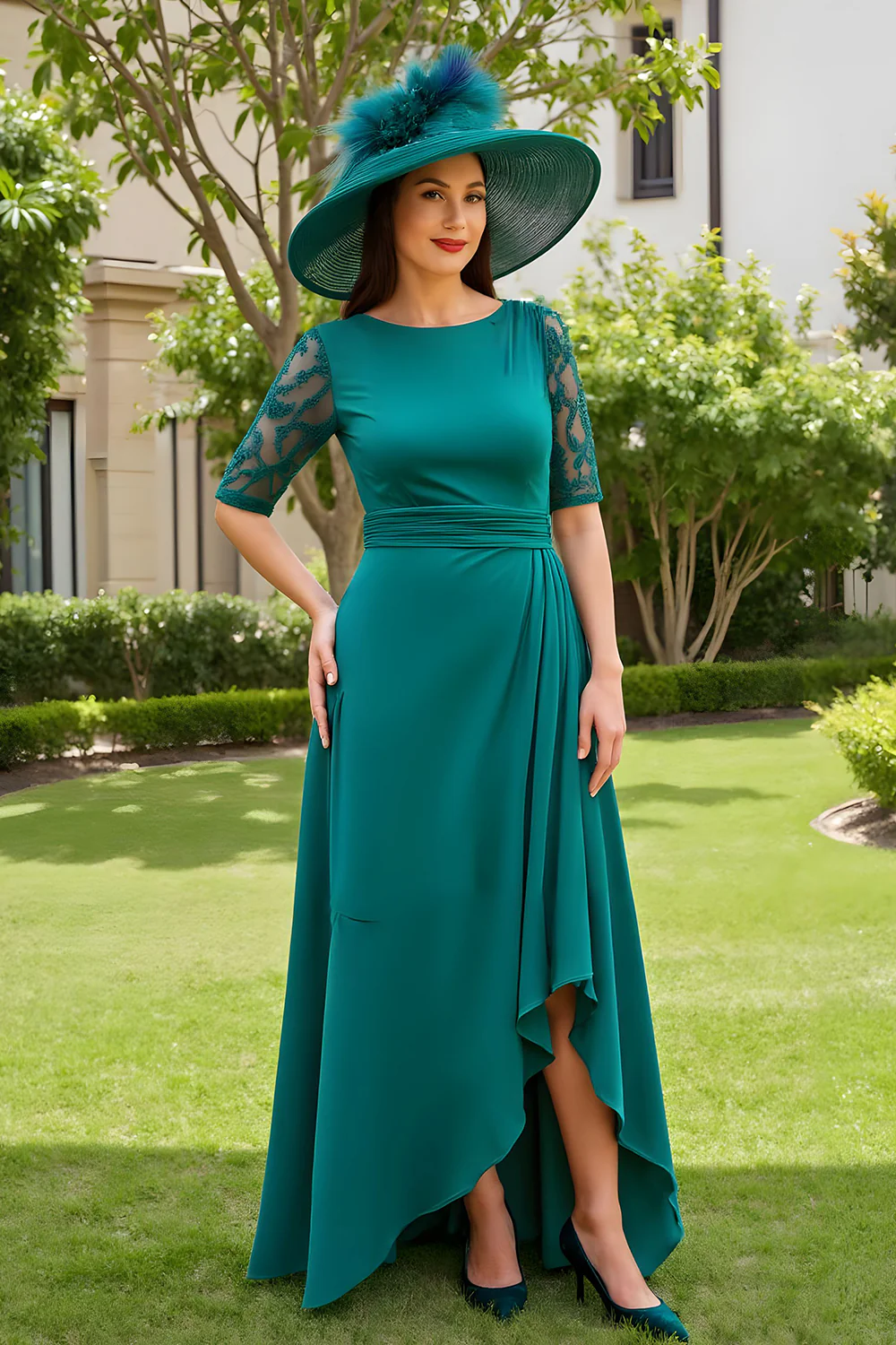 Pine Sheath Chiffon Boat Neck Long Wedding Guest Dress with Sleeves - VNBITS