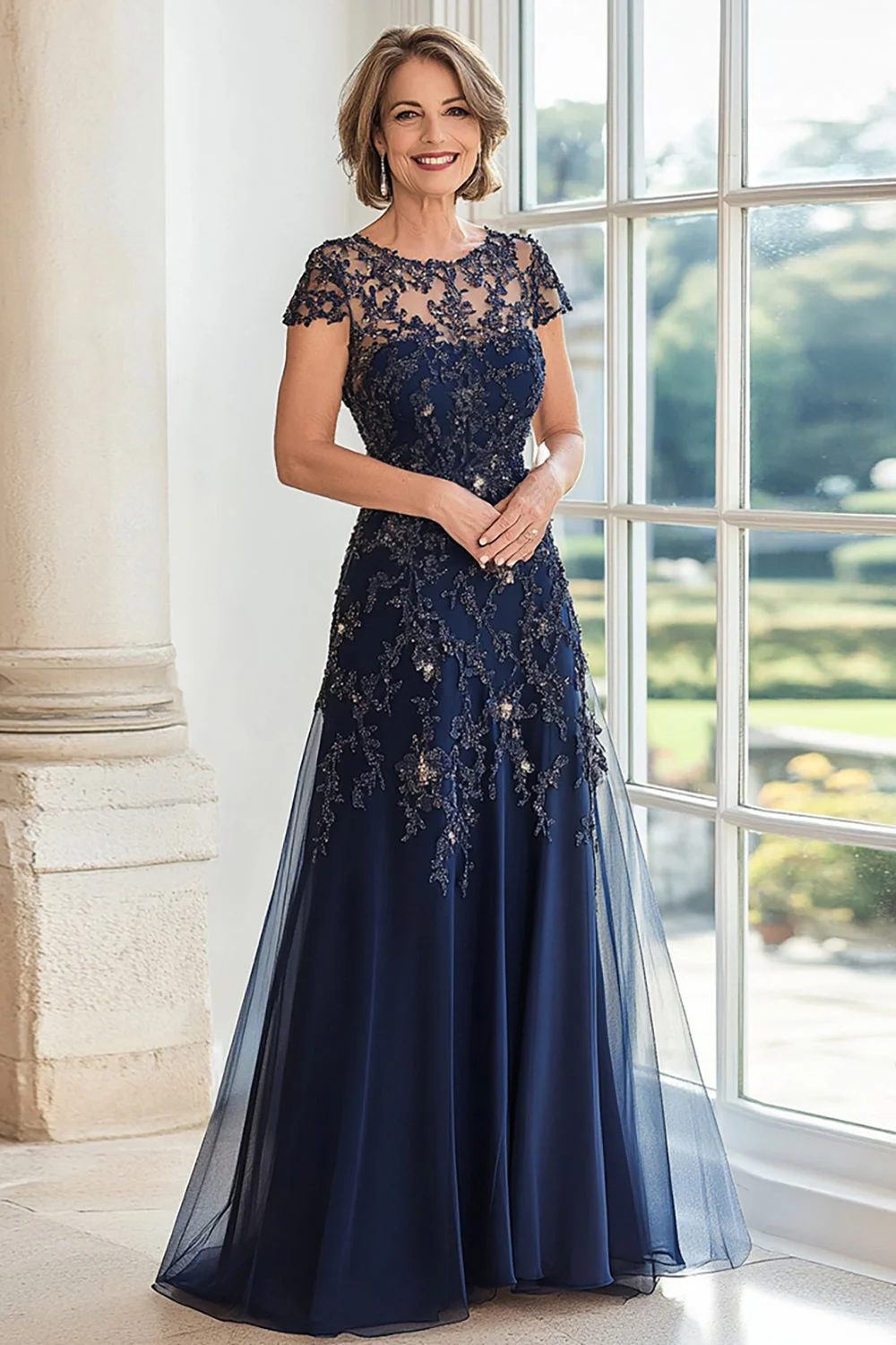 A Line Navy Scoop Neck Cap Sleeves Lace Mother of the Bride Dress - VNBITS