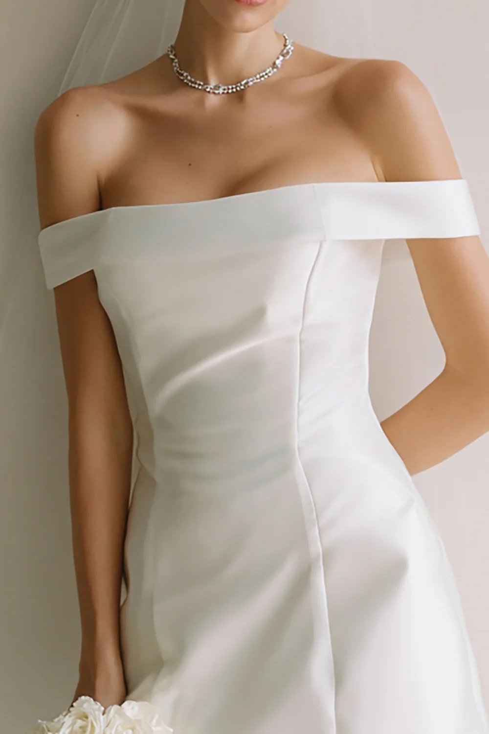 Simple White Satin Off the Shoulder Bodycon Short Wedding Dress - VNBITS