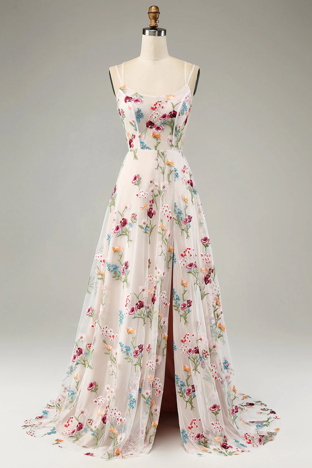 Ivory Flower A-Line Spaghetti Straps Corset Long Prom Dress With Slit - VNBITS