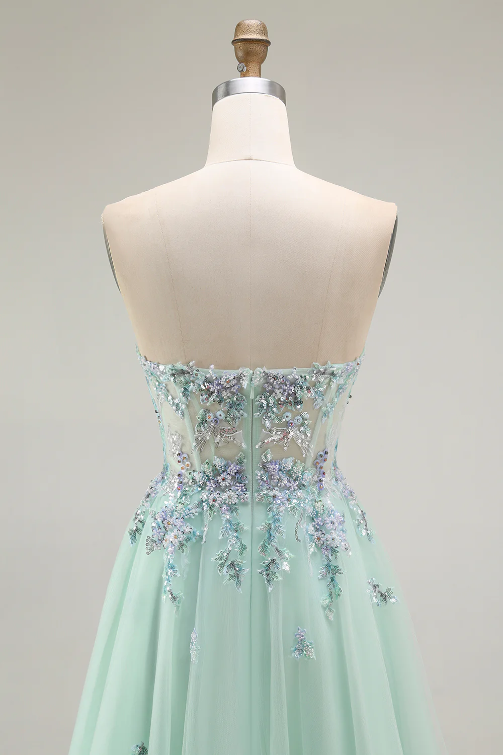 Green Strapless A Line Floral Long Prom Dress with Appliques - VNBITS
